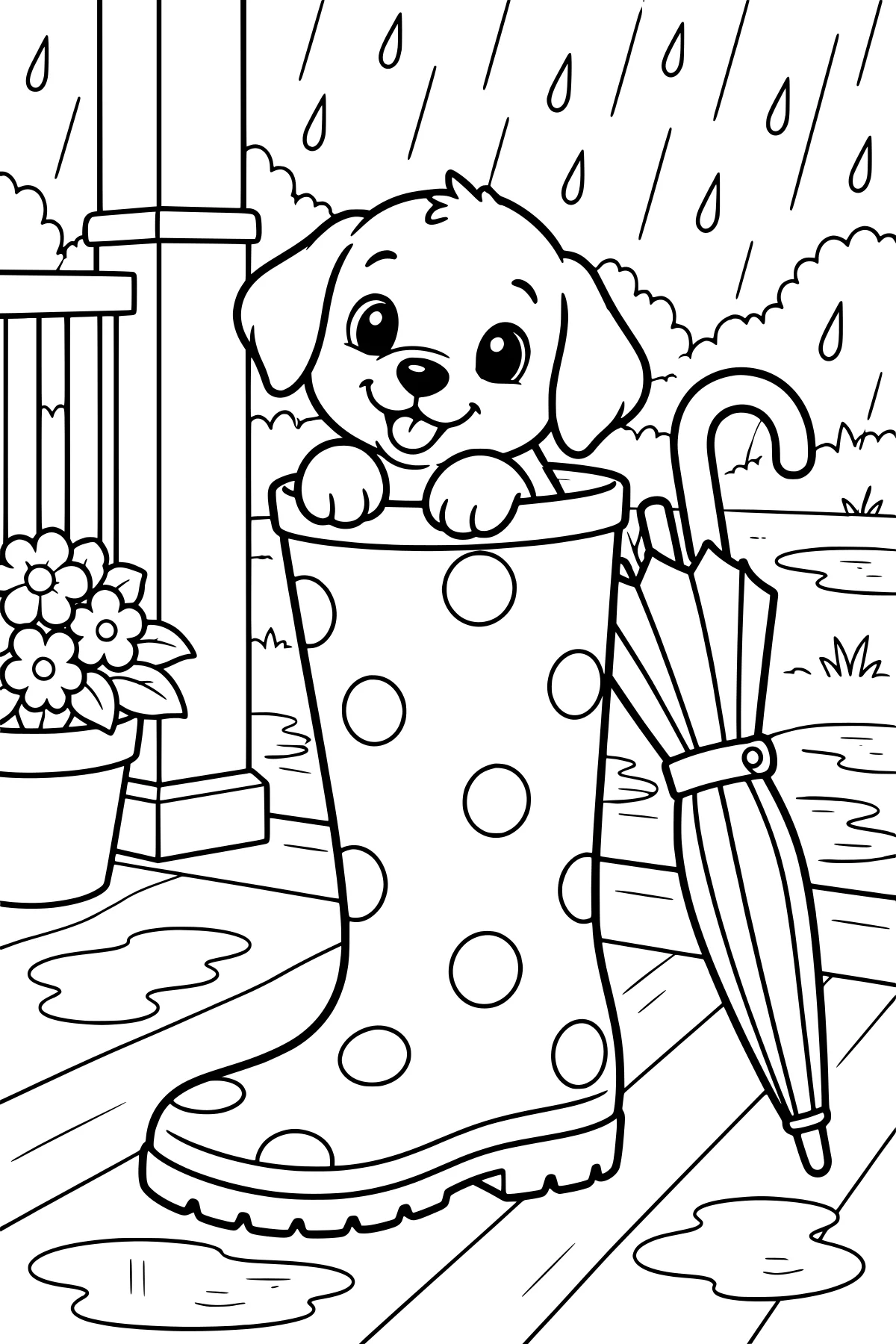 Puppy peeking from a polka-dot rain boot beside a closed umbrella, with falling rain, puddles, flowers, shrubs, and porch posts.