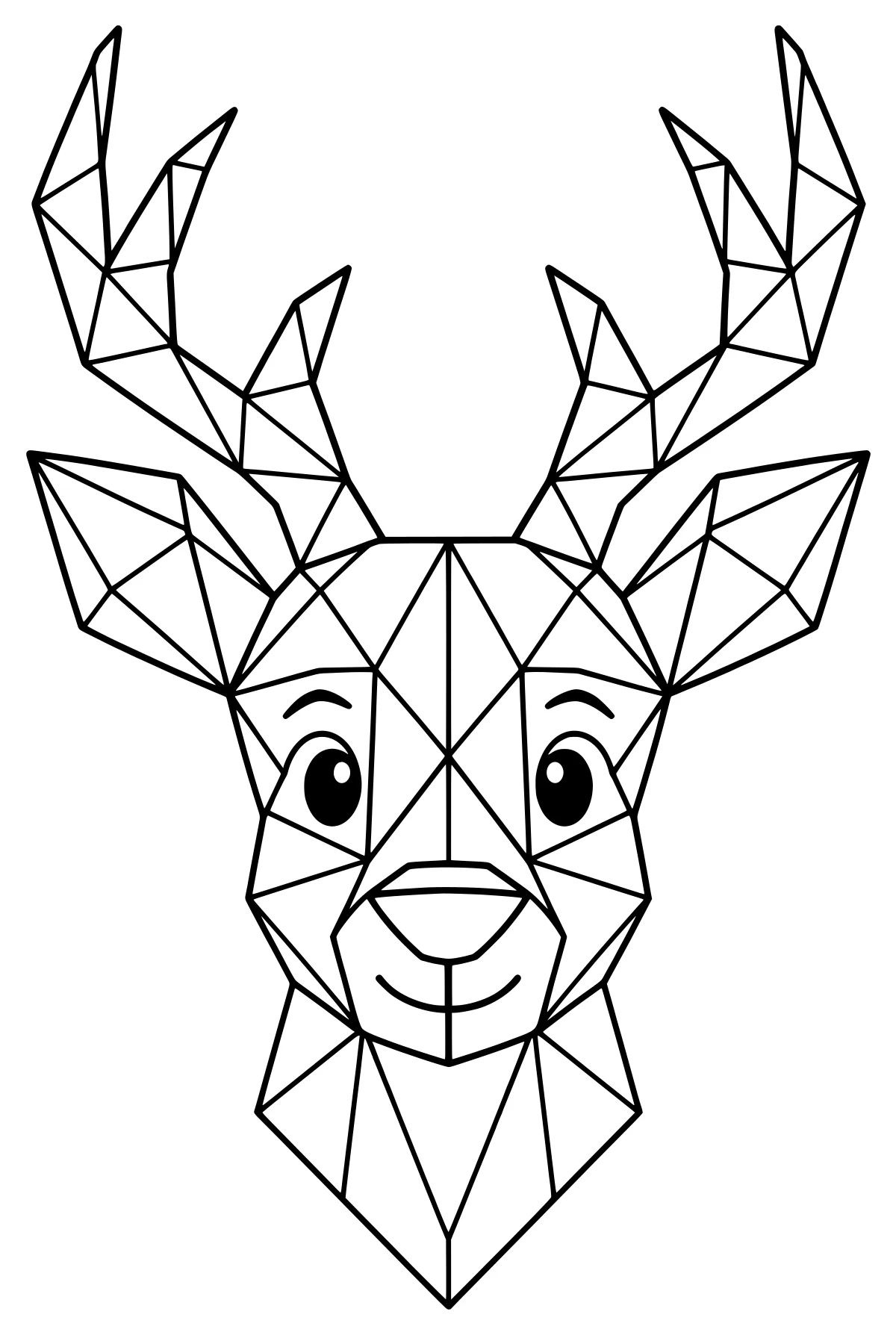 Front-facing reindeer head formed from angular geometric sections, with branching antlers, pointed ears, oval eyes, a rounded nose, and a tapered neck.