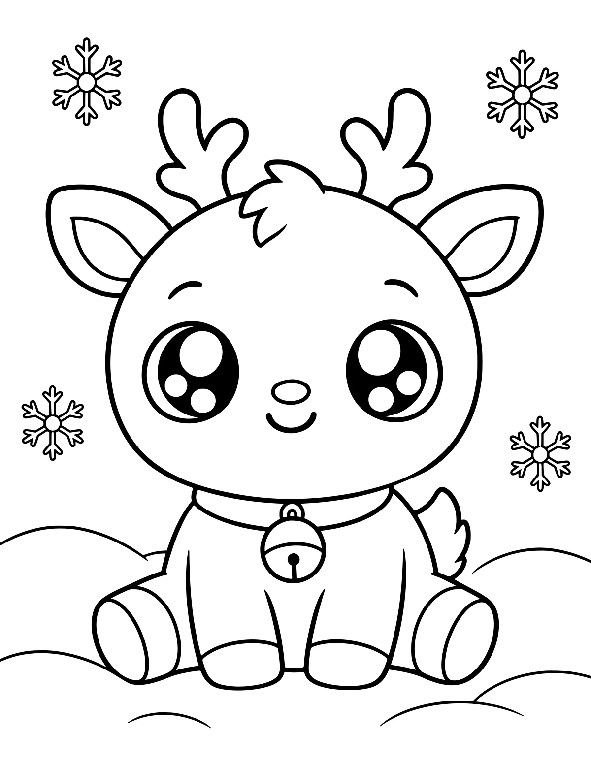Kawaii reindeer sitting in snow with large eyes, rounded antlers, wide ears, a collar bell, and snowflakes overhead.