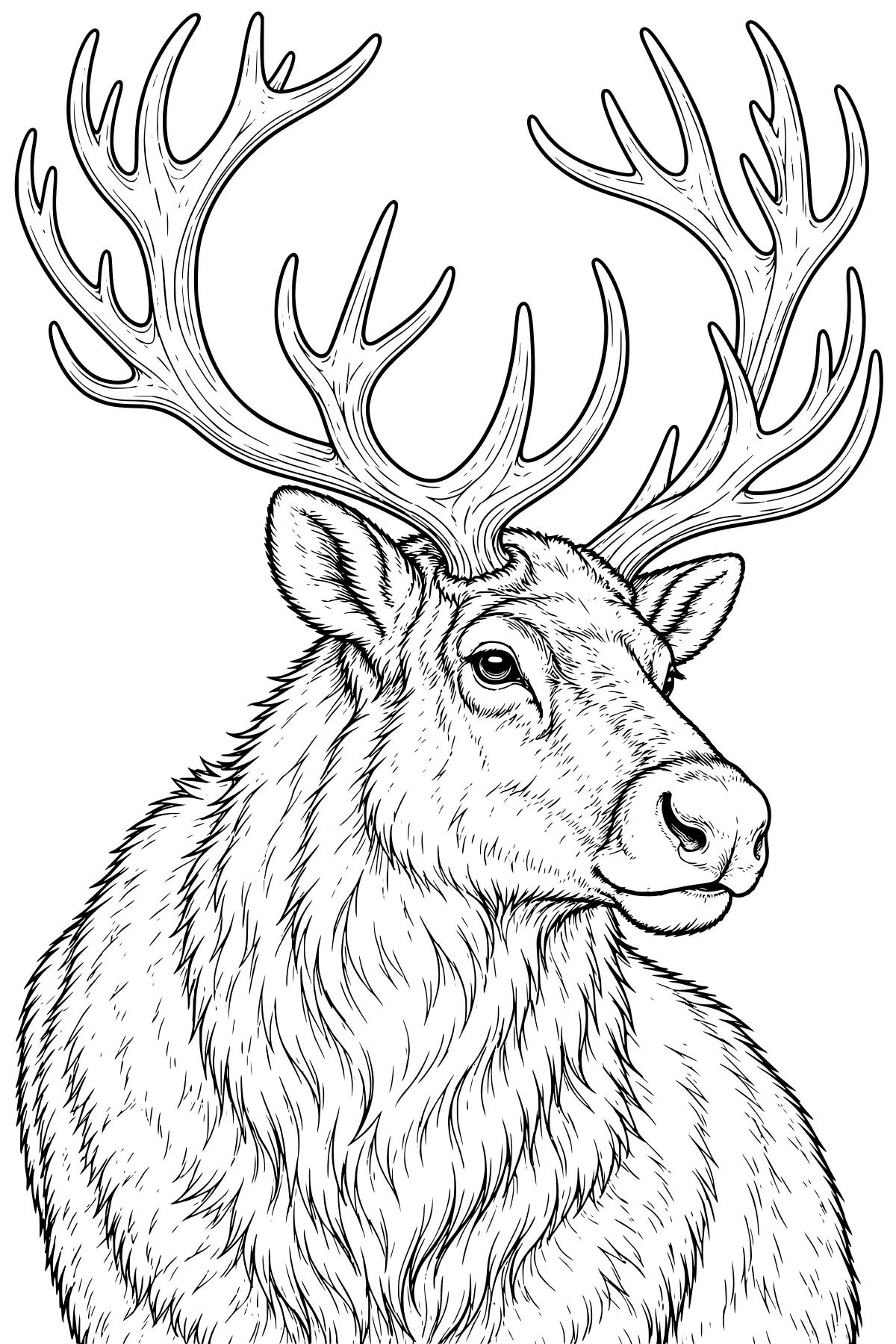 Detailed reindeer portrait with large branching antlers, upright ears, a long muzzle, and textured fur across the neck and shoulders.