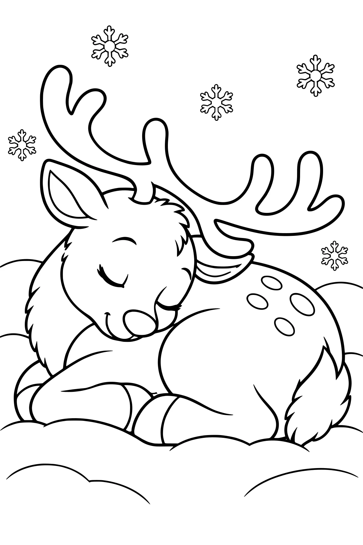 Sleeping reindeer curled in rounded snowbanks beneath falling snowflakes, with broad antlers, closed eyes, folded legs, back spots, and a bushy tail.