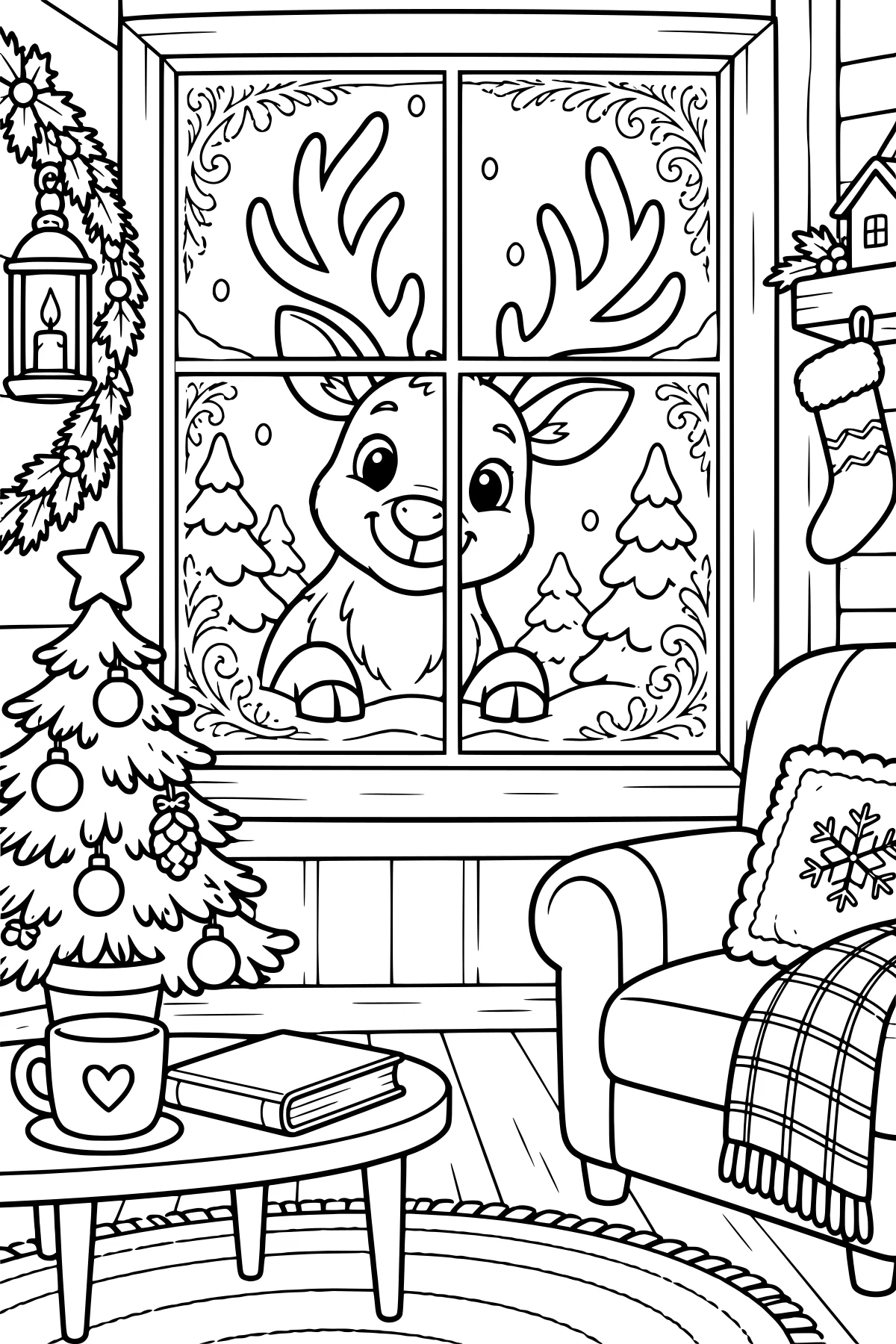 Reindeer peering through a frosted window into a festive room with a decorated tree, armchair, stocking, lantern, mug, book, and rug.