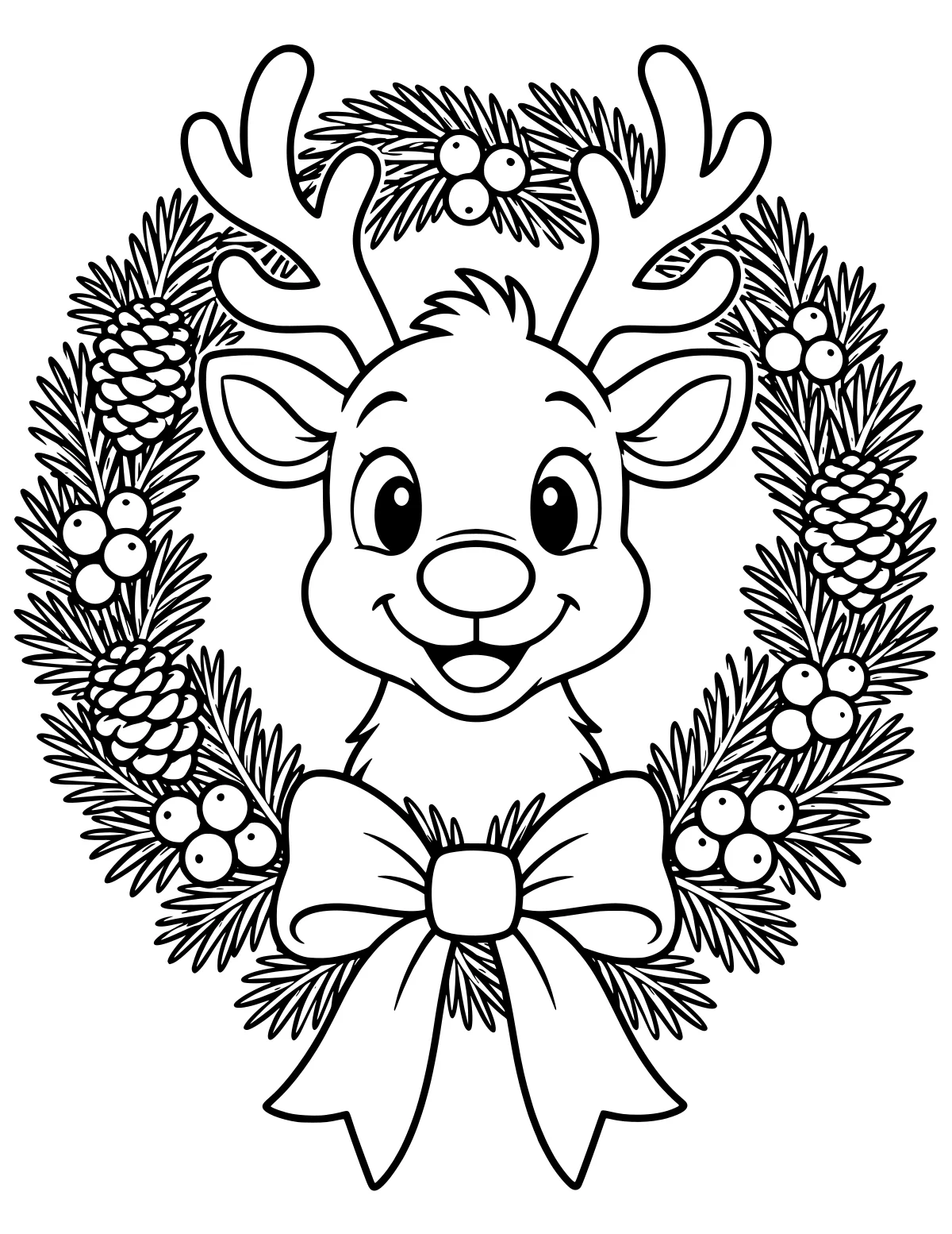 Reindeer head with large antlers framed by pine branches, pinecones, berry clusters, and a ribbon bow.