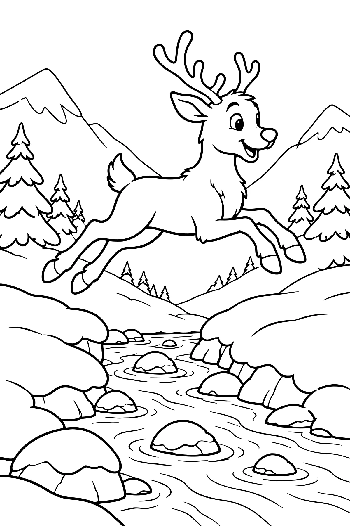 Reindeer leaping above a rocky stream between snowy banks, with pine trees and mountain peaks in the background.