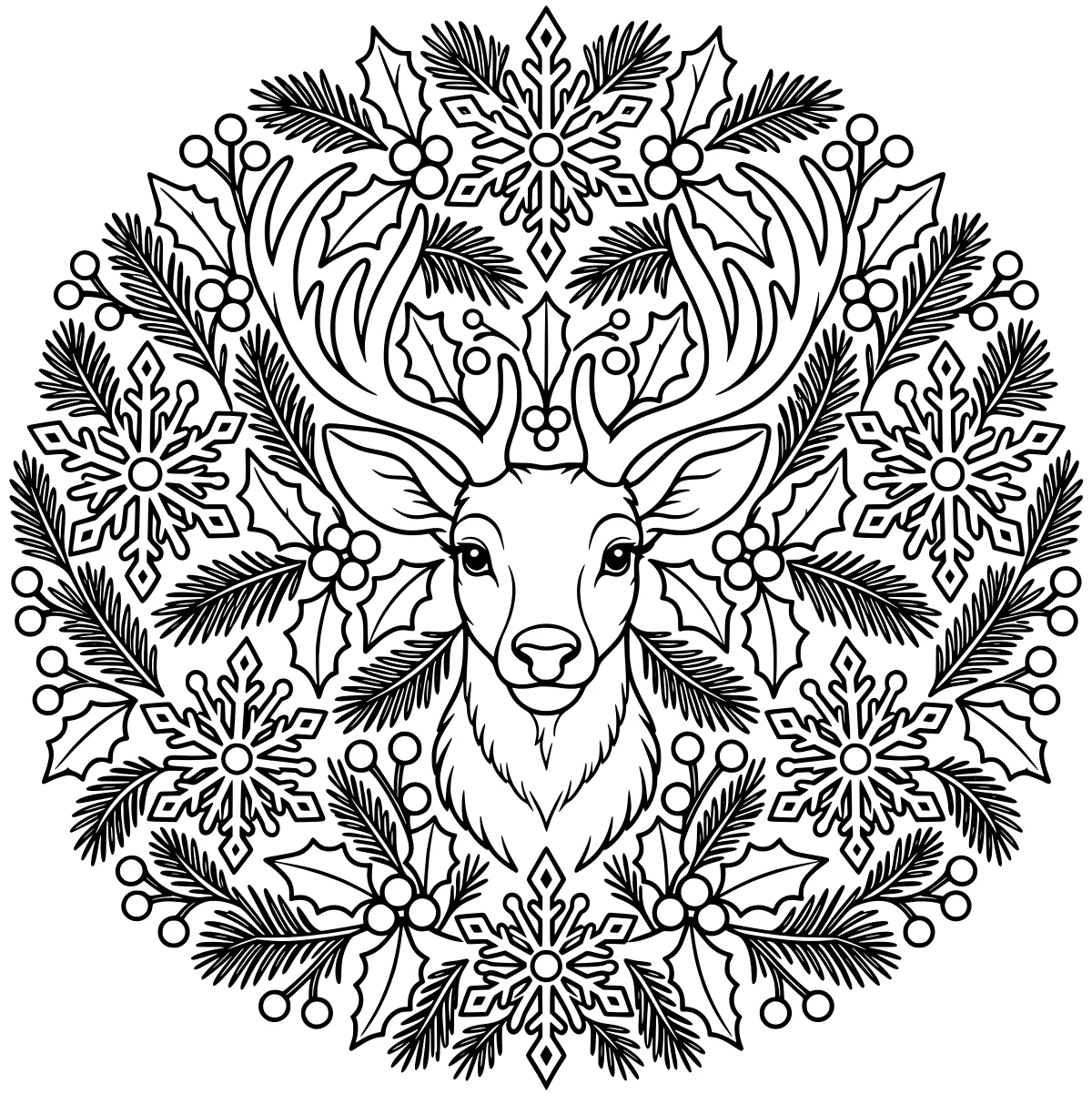 Front-facing reindeer head with branching antlers, surrounded by snowflakes, holly, berries, evergreen sprigs, and small birds in a circular arrangement.