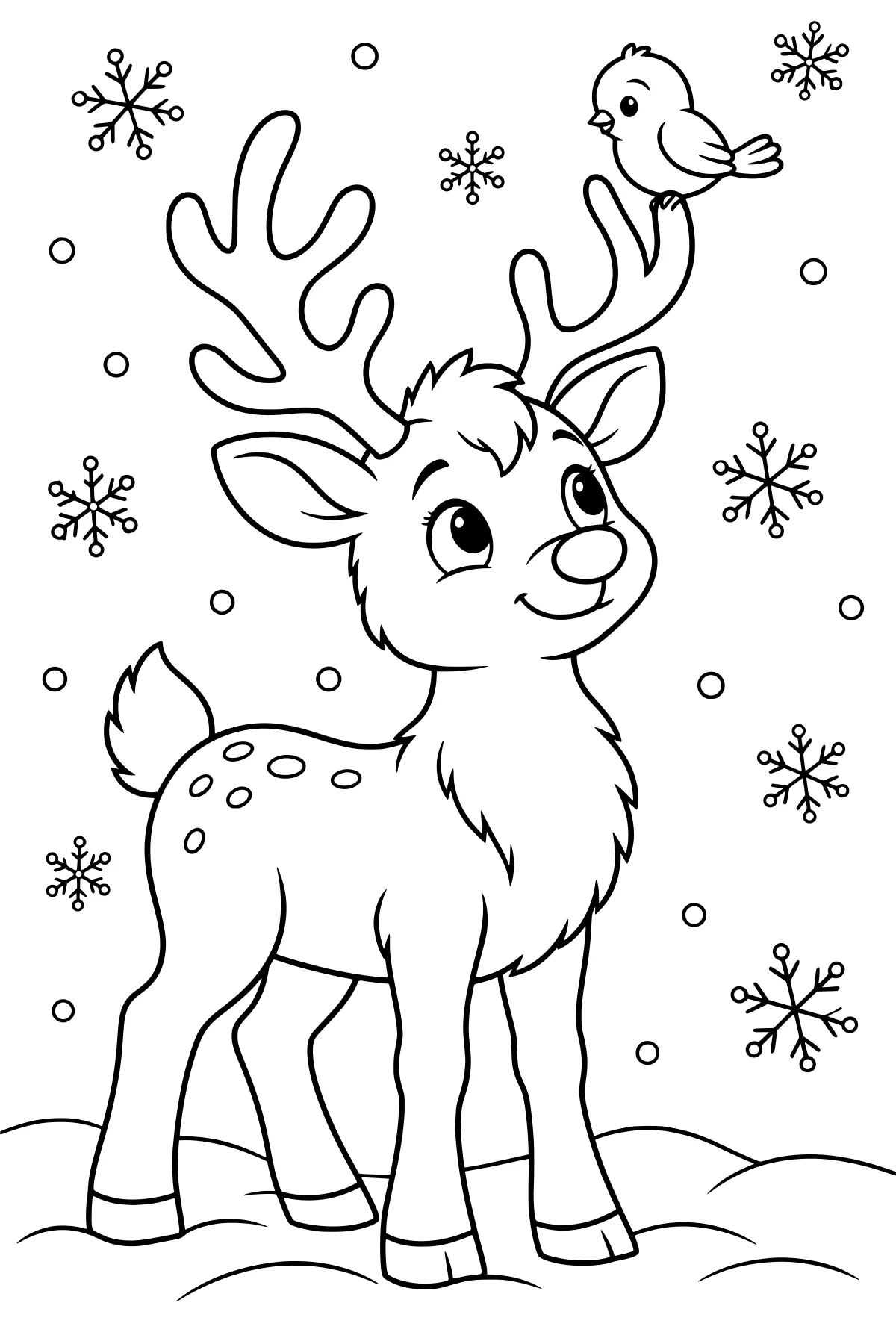 Reindeer with branching antlers and a bird perched above its head, standing among snowdrifts, snowflakes, and round snow dots.