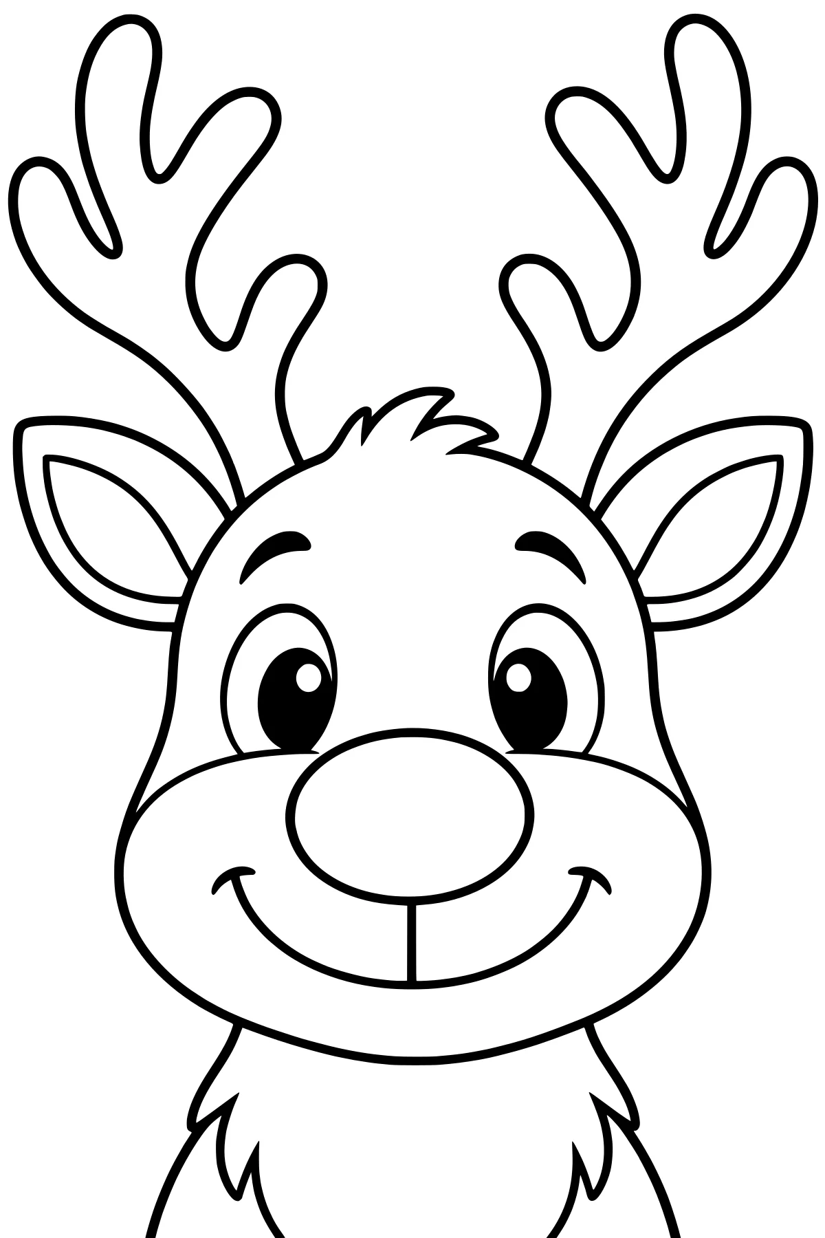 Front-facing reindeer head with branching antlers, pointed ears, wide eyes, an oval nose, a curved mouth, and jagged neck fur.