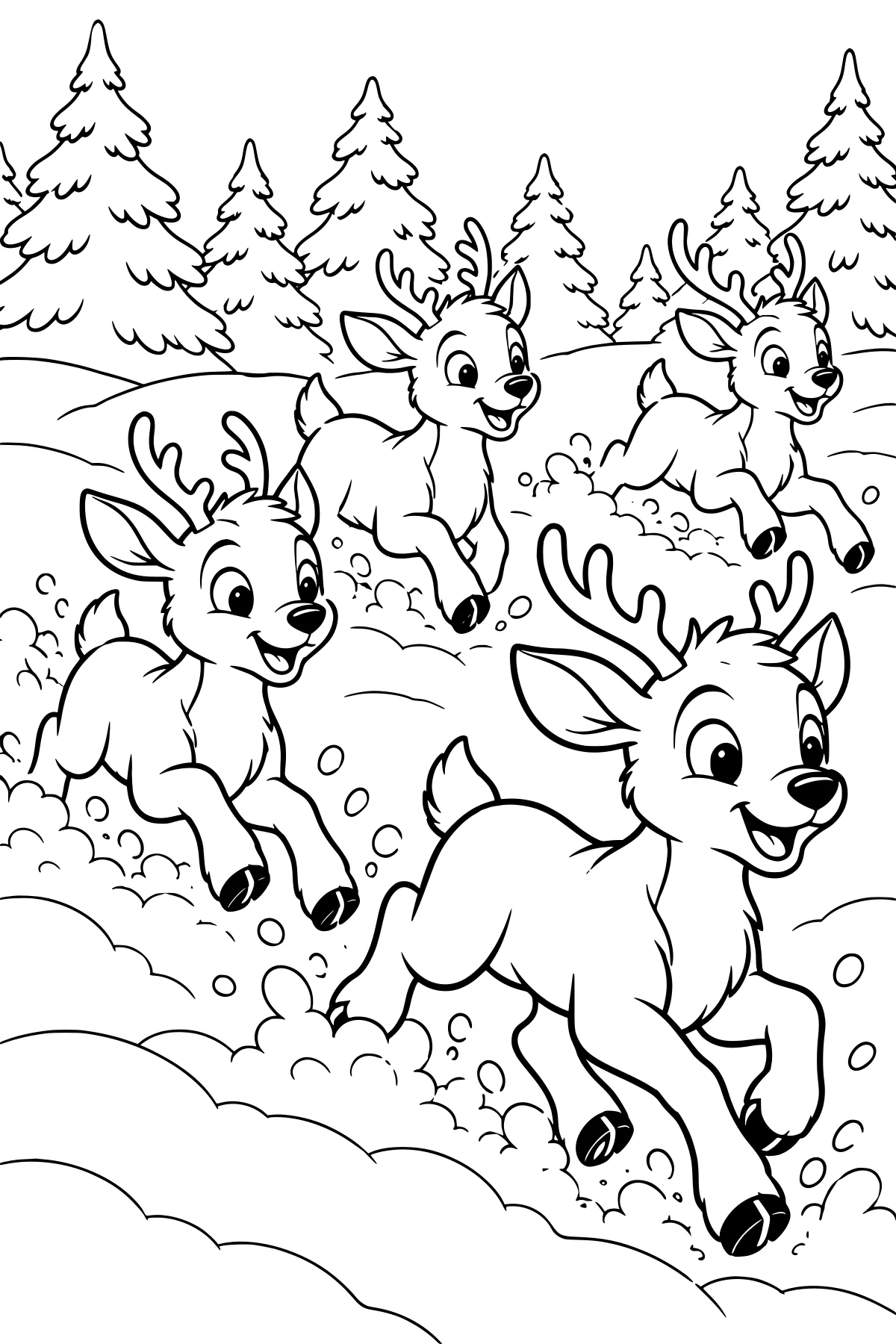 Young reindeer bounding through deep snow among tall evergreen trees, with small antlers, raised hooves, pointed ears, and fluffy tails.