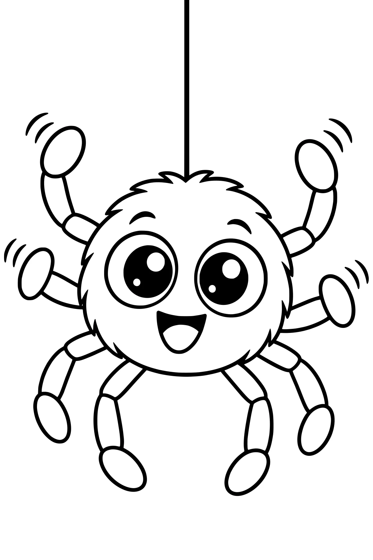 Round cartoon spider hanging from a vertical strand with large eyes, an open mouth, segmented legs, oval feet, and motion marks around raised legs.