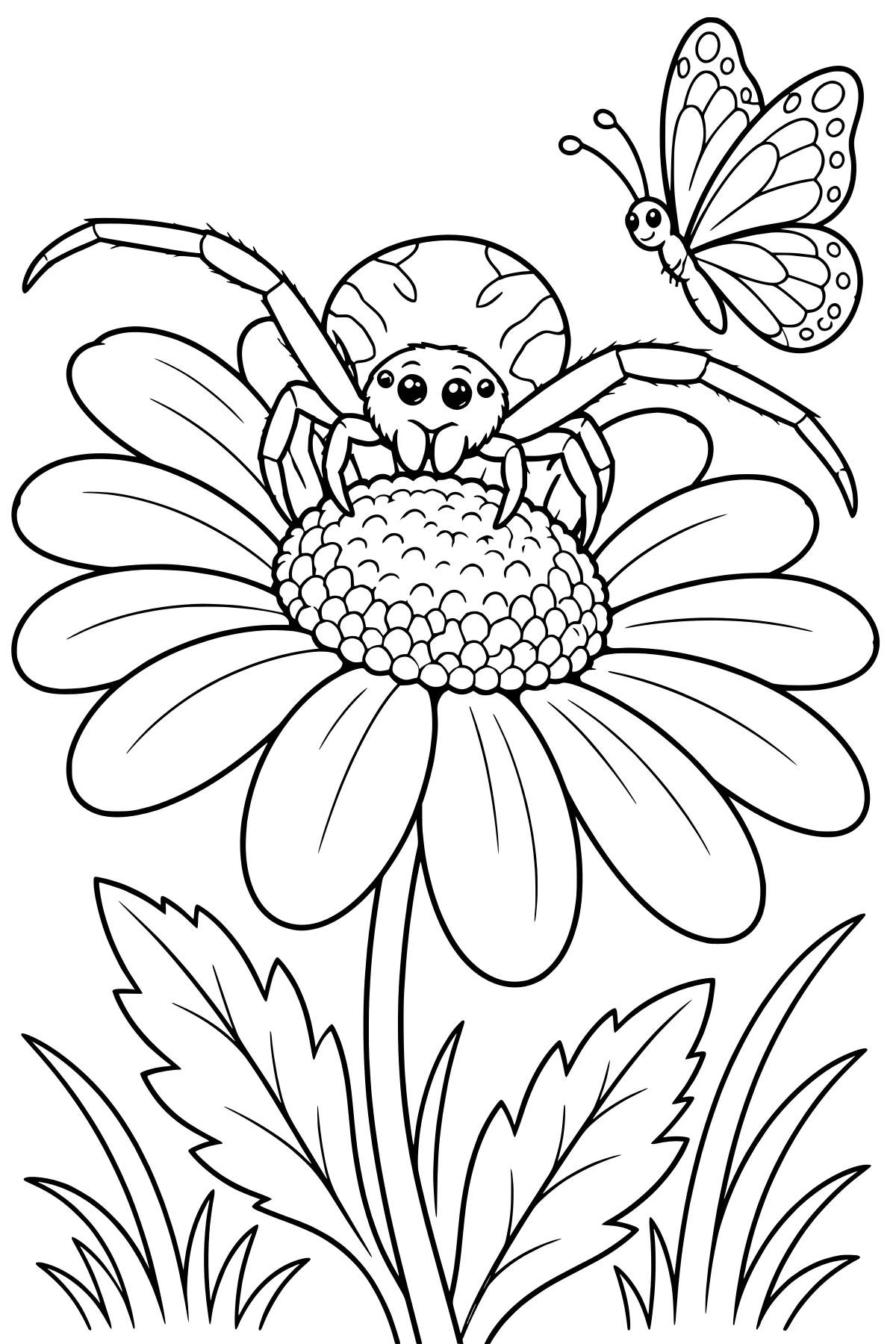 Wide-legged crab spider resting on a large daisy as a patterned butterfly hovers above leafy stems and grass.
