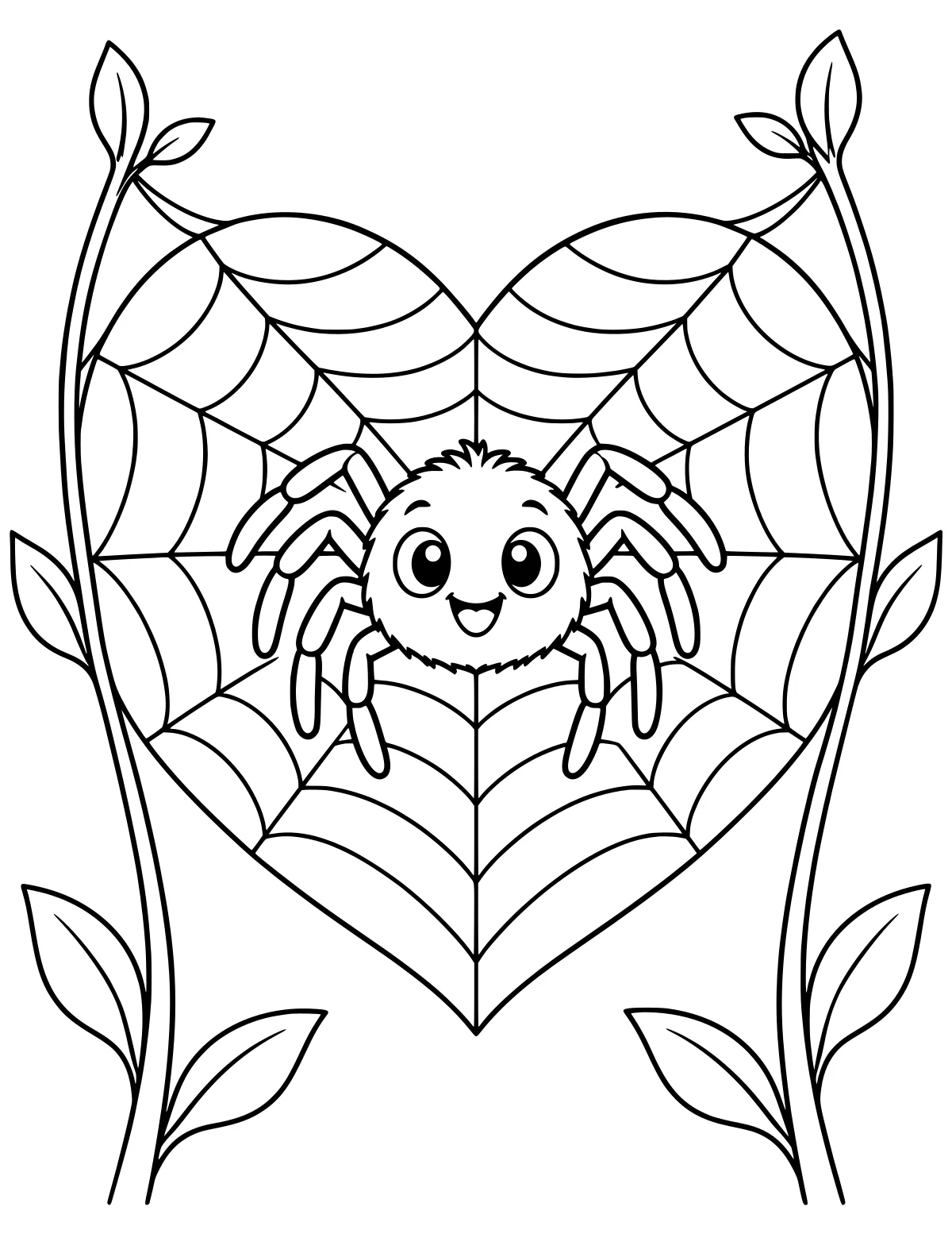 Round spider with large eyes and an open mouth resting at the center of a heart-shaped web between tall stems with pointed leaves.