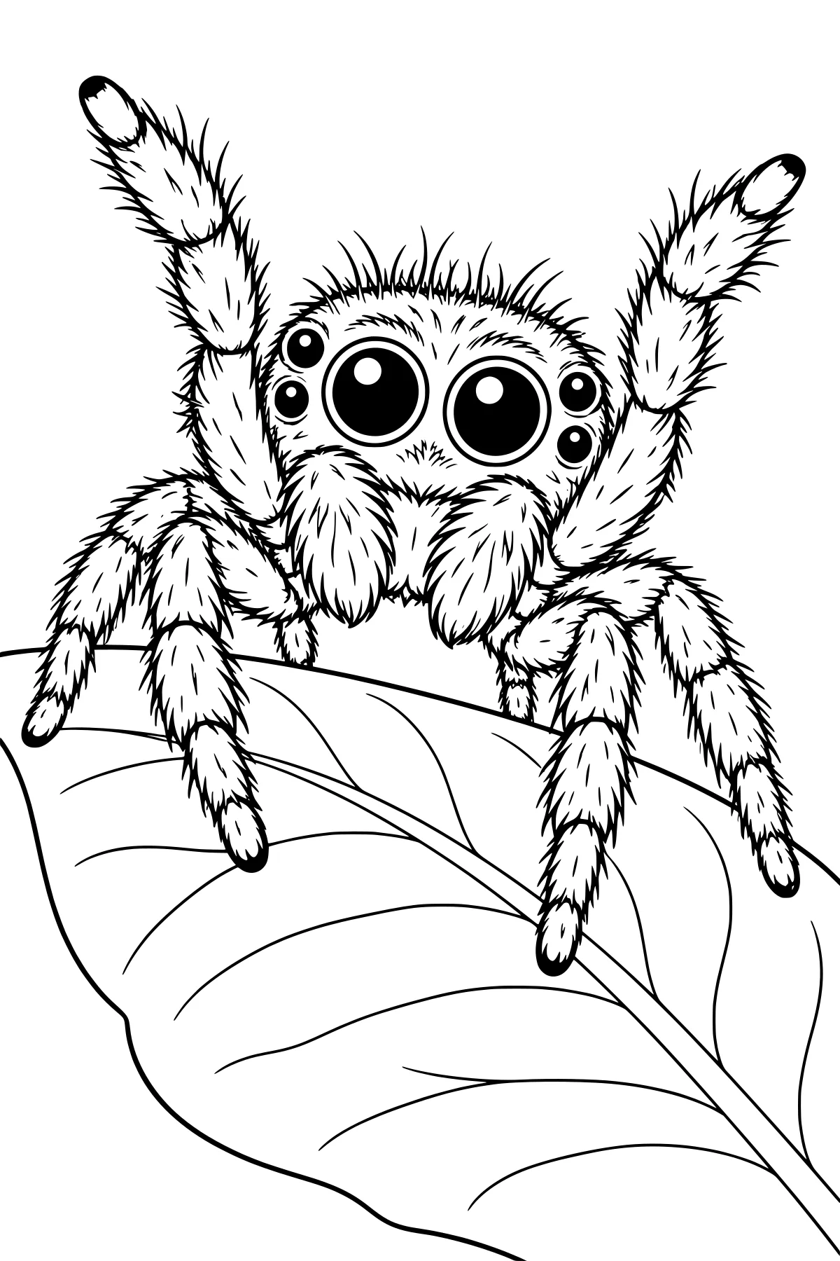 Close-up line art of a hairy jumping spider with raised front legs, large central eyes, smaller side eyes, and segmented legs perched on a broad veined leaf.
