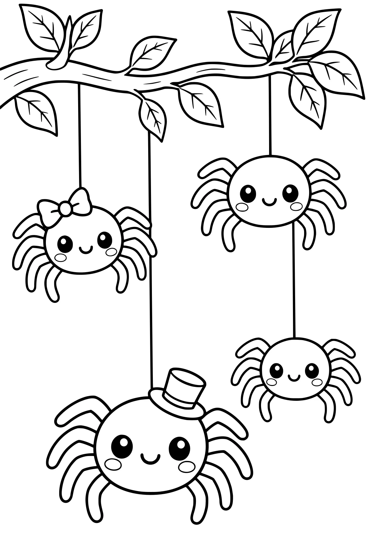 Four round spiders hanging by threads from a leafy branch, including a spider with a bow and another wearing a top hat.
