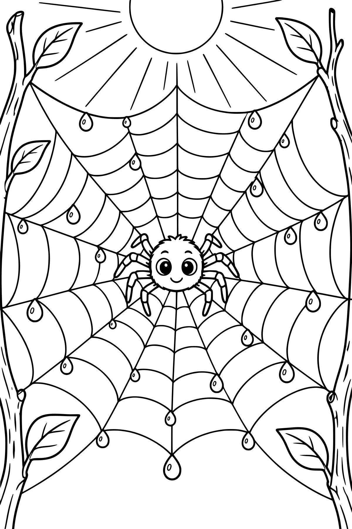 Round spider centered on a dew-covered orb web between leafy branches, with a sun and rays overhead.