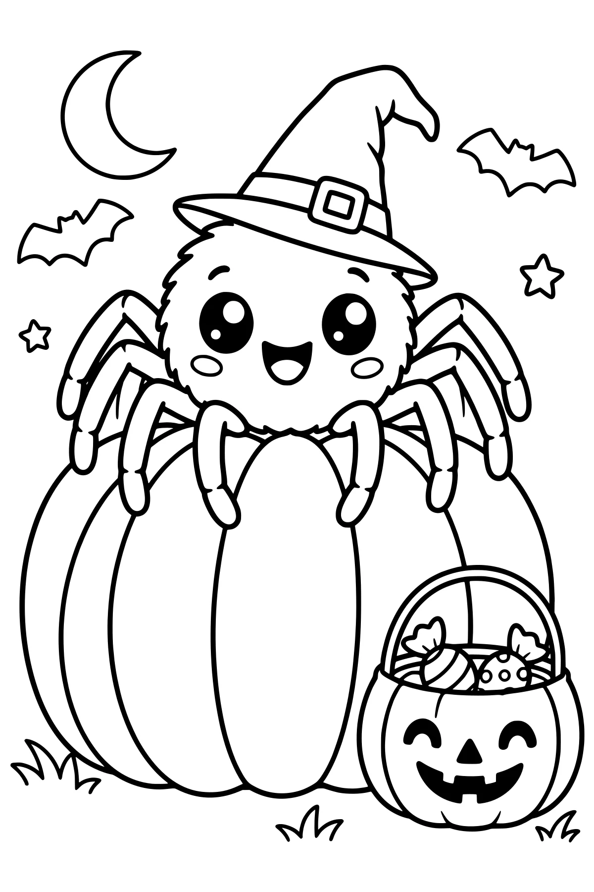 Wide-eyed spider in a pointed witch hat beside a pumpkin-shaped candy bucket, with a crescent moon, bats, stars, and grass around its segmented body.