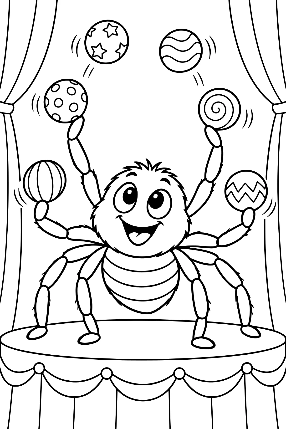 Cartoon spider juggling patterned balls on a decorated stage framed by tied curtains.