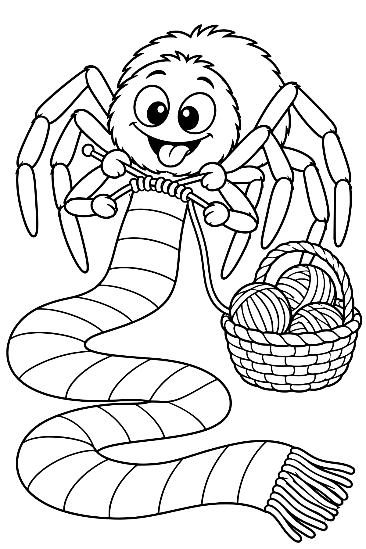 Wide-eyed furry spider knitting a long striped scarf beside a woven basket filled with balls of yarn.