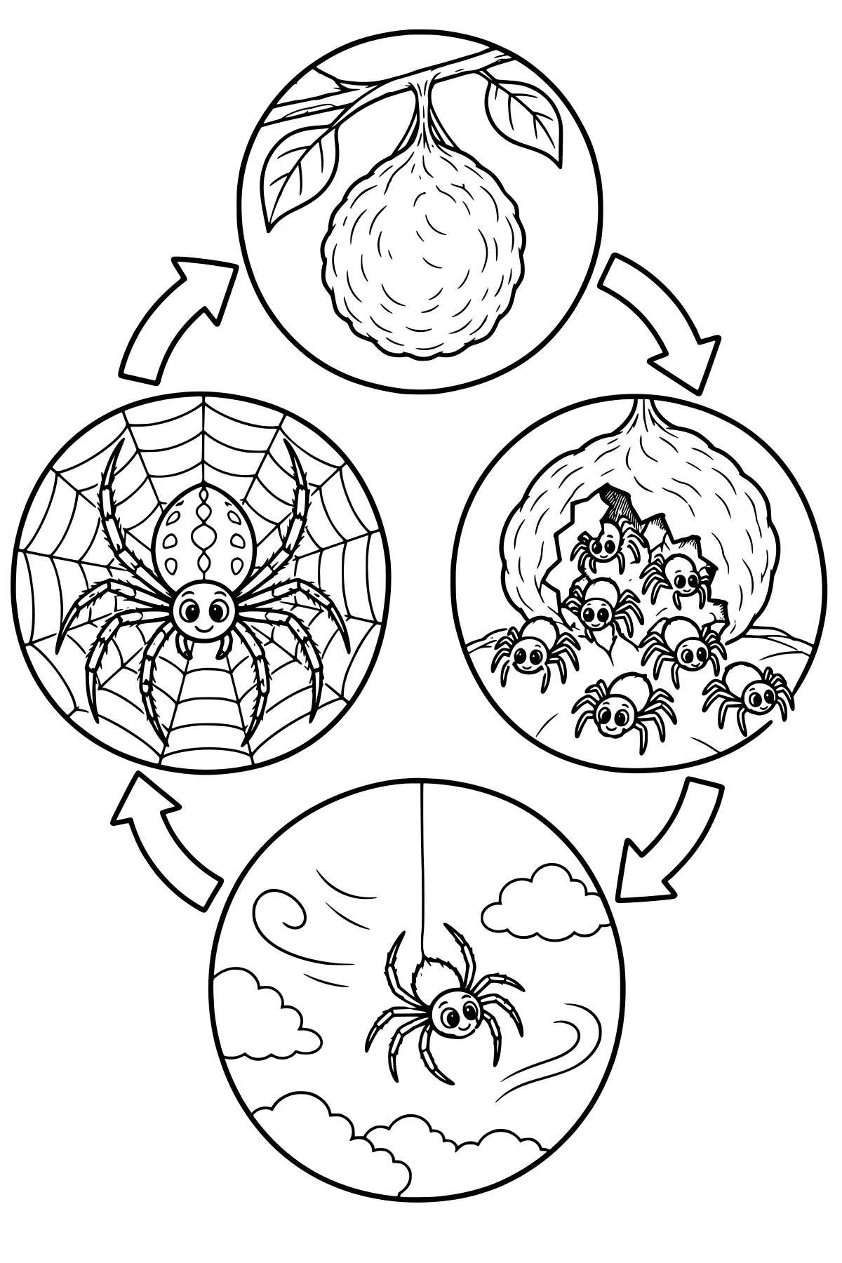 Spider life cycle with an egg sac on a branch, emerging spiderlings, an airborne young spider among clouds, and an adult in a web, linked by arrows.