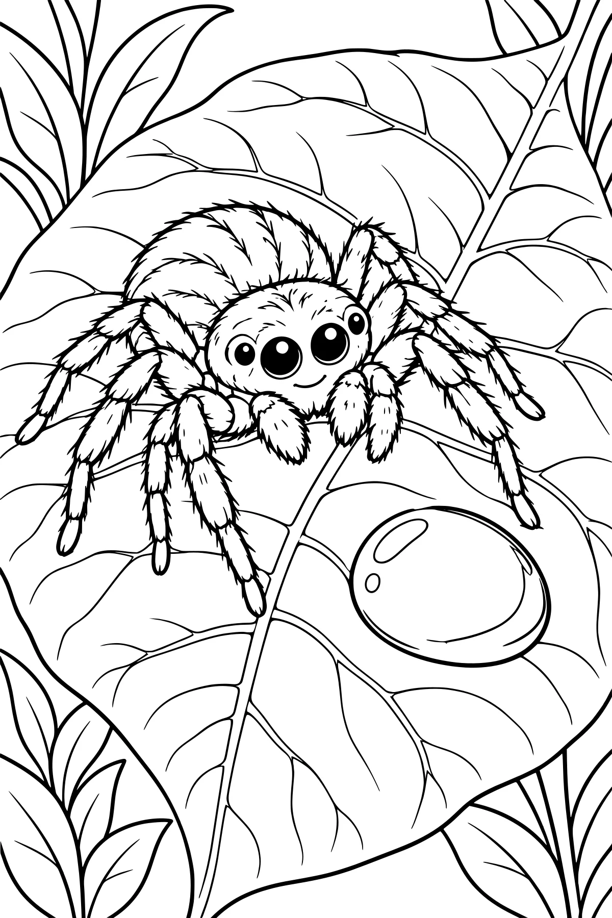Close-up line art of a fuzzy, large-eyed spider resting on veined leaves beside a rounded water droplet.