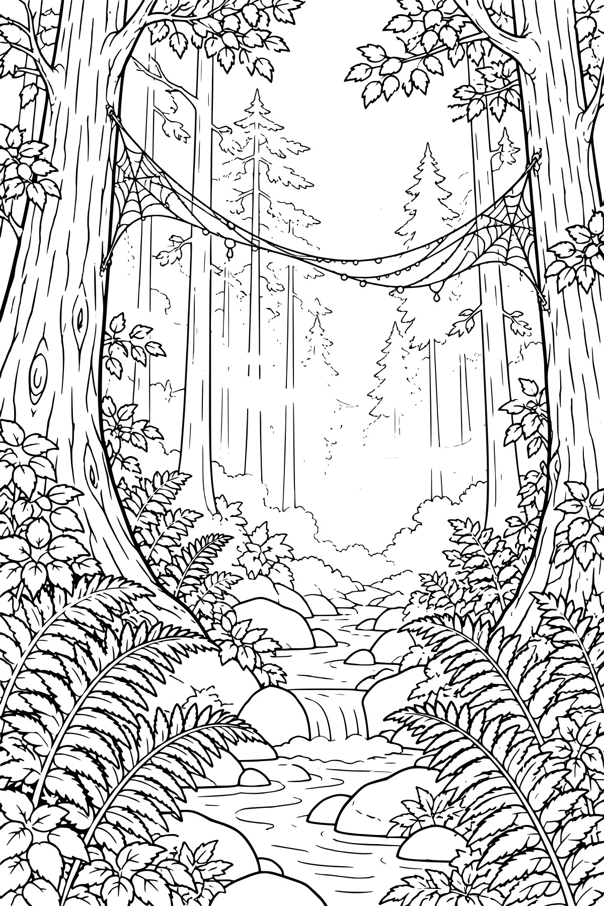 A webbed silk bridge hangs between large trees above a rocky forest stream, surrounded by ferns, leafy plants, and tall evergreens.