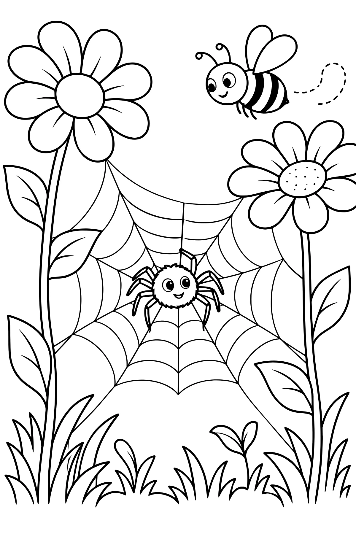 Round spider sitting in a large web between tall flowers and leafy stems, with a striped bee flying overhead and grass below