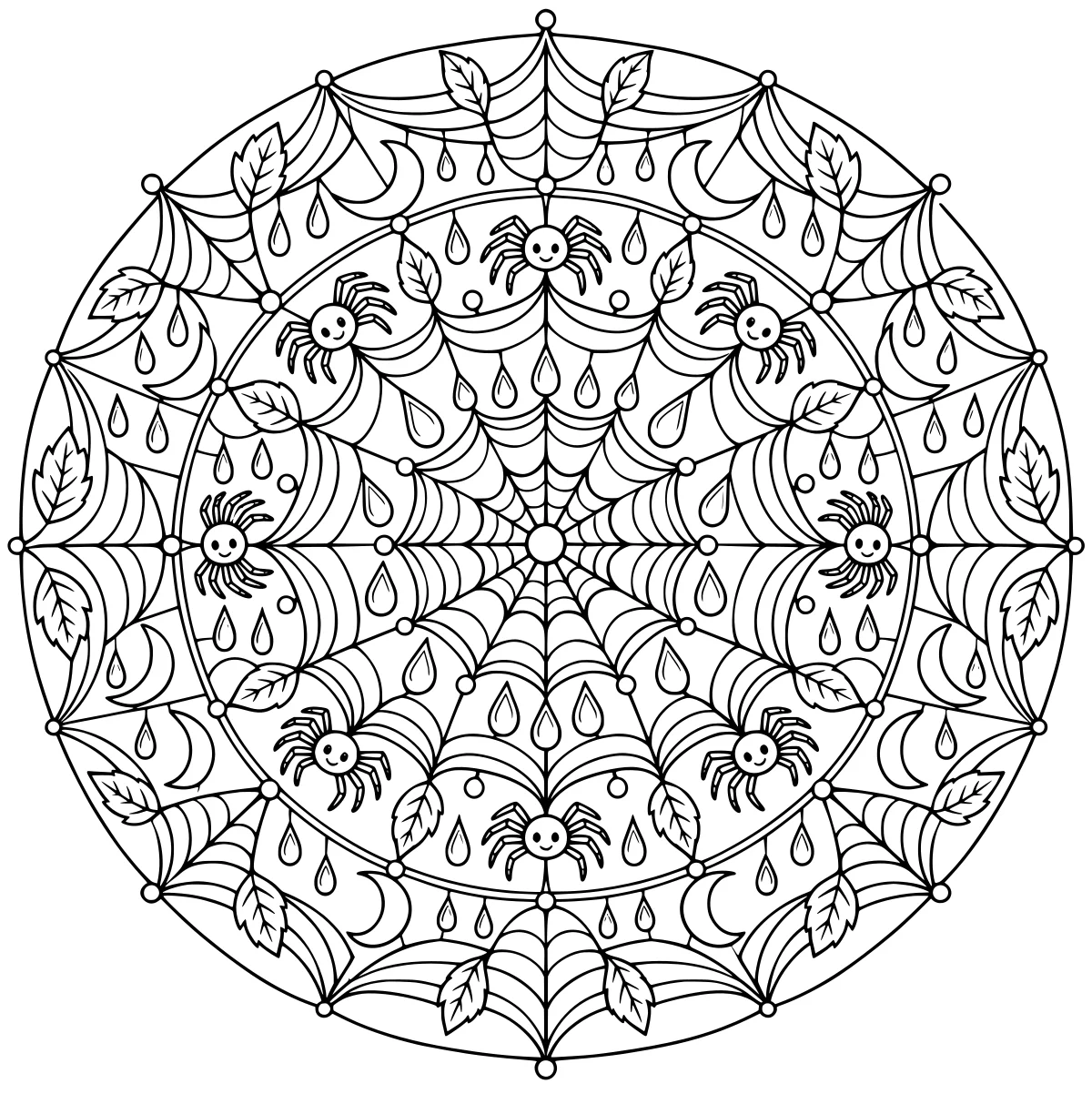 Circular spider web mandala with small spiders, pointed leaves, crescent shapes, droplets, curls, and connecting nodes.