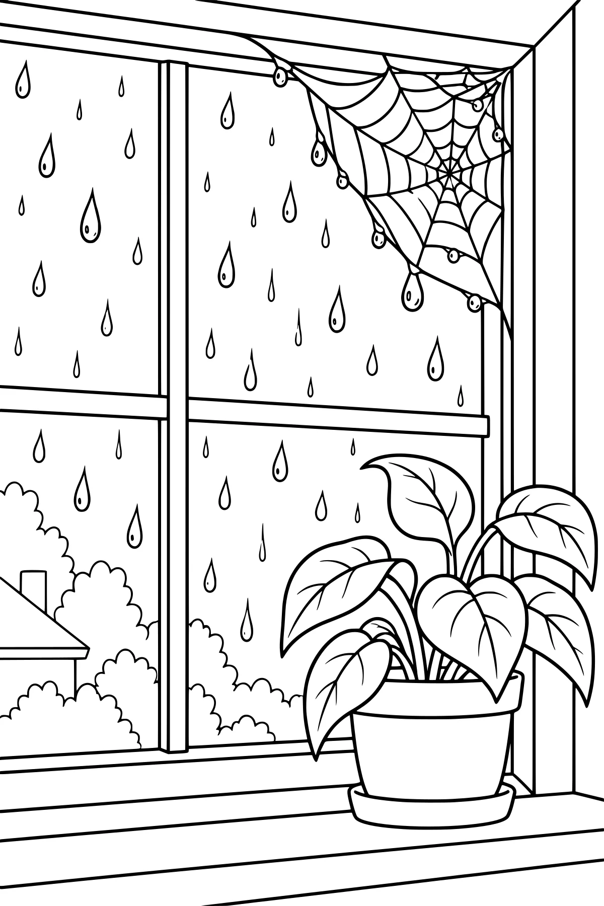 Spider web stretched across the corner of a window dotted with raindrops, with a leafy plant in a pot on the sill and shrubs visible outside.