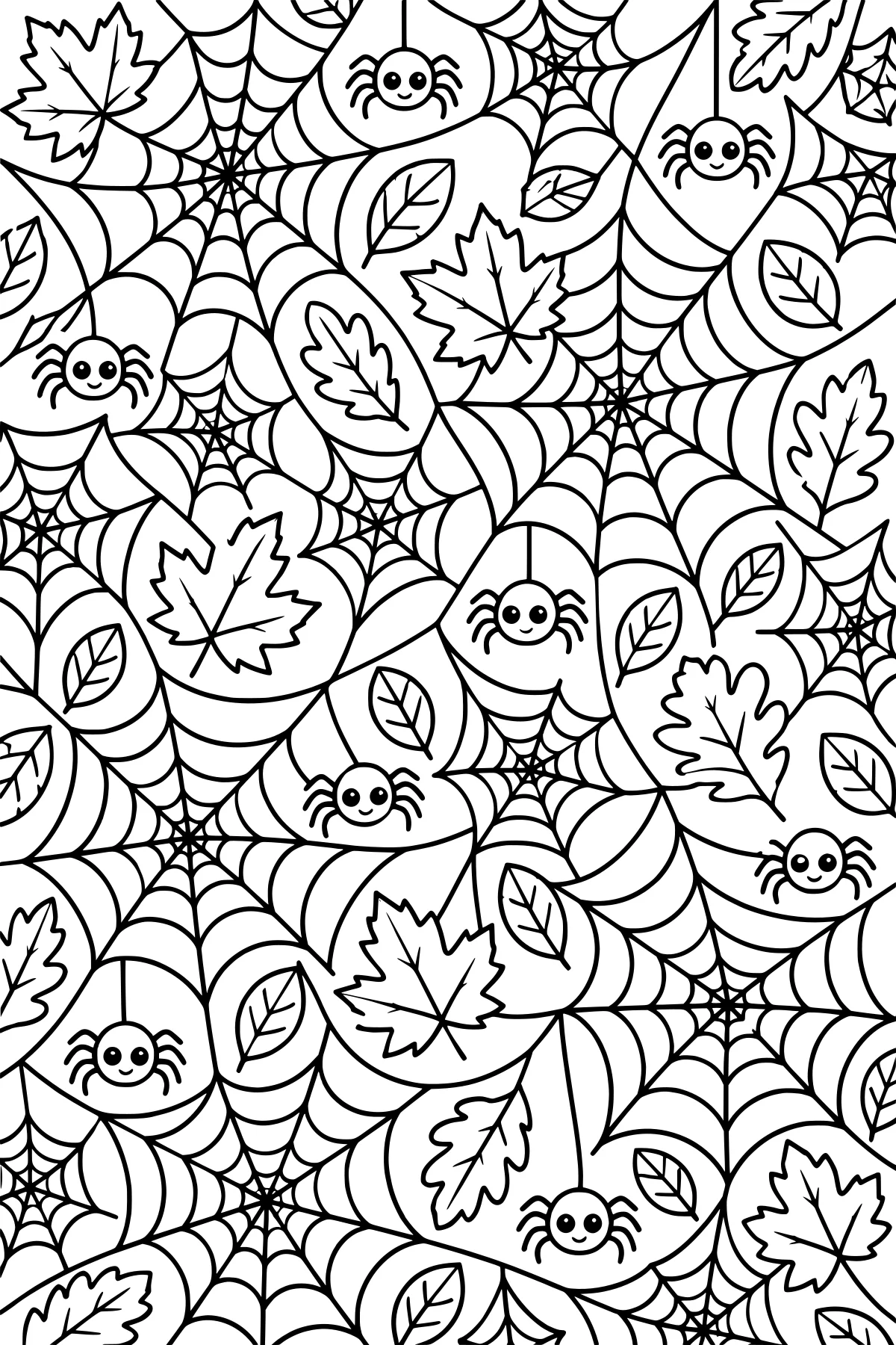 Repeating black-and-white pattern of layered spider webs, round spiders, and scattered pointed and lobed leaves.