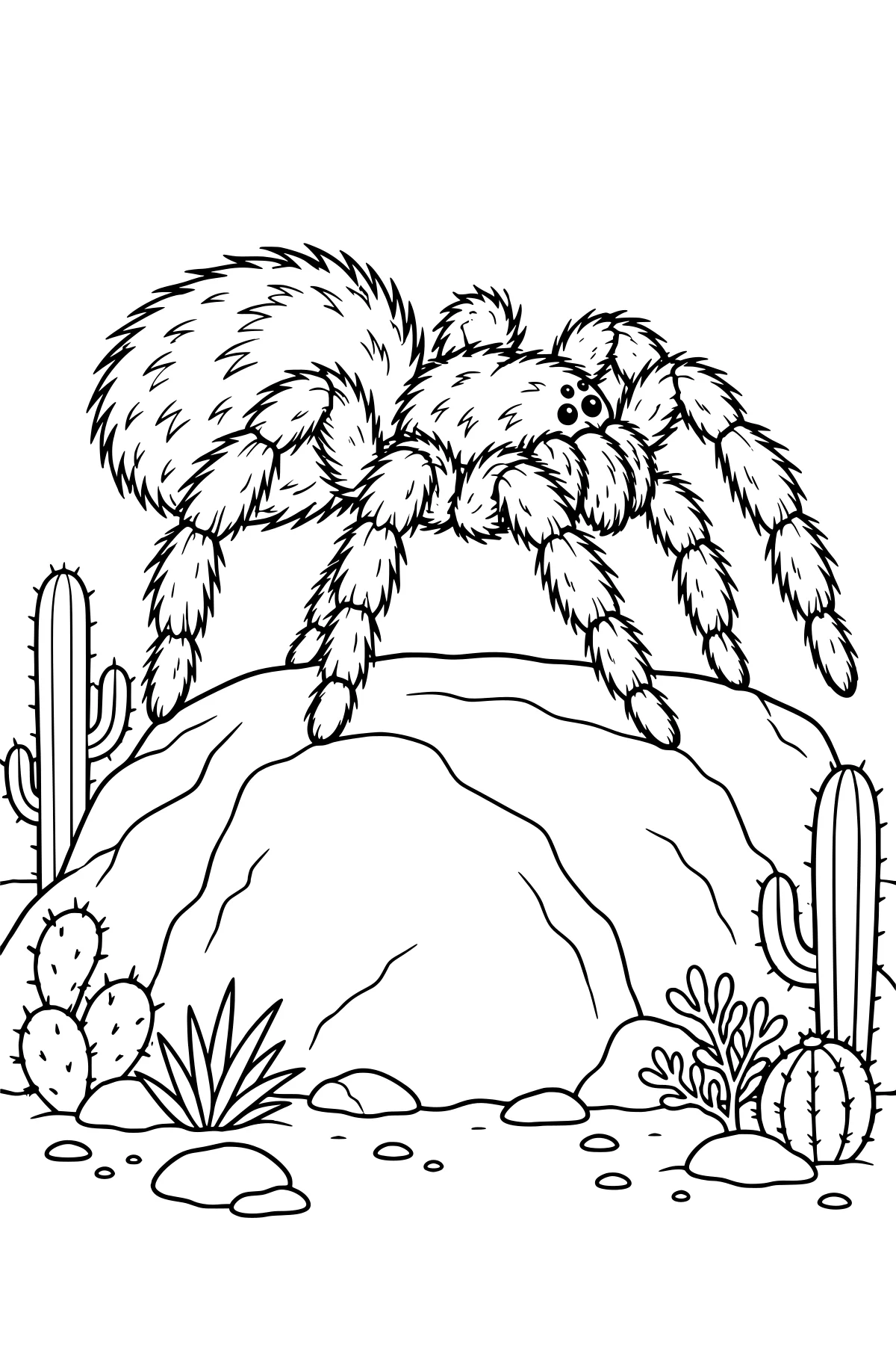 Shaggy tarantula perched on a large desert rock, surrounded by tall cacti, prickly pear pads, spiky plants, shrubs, and scattered stones.
