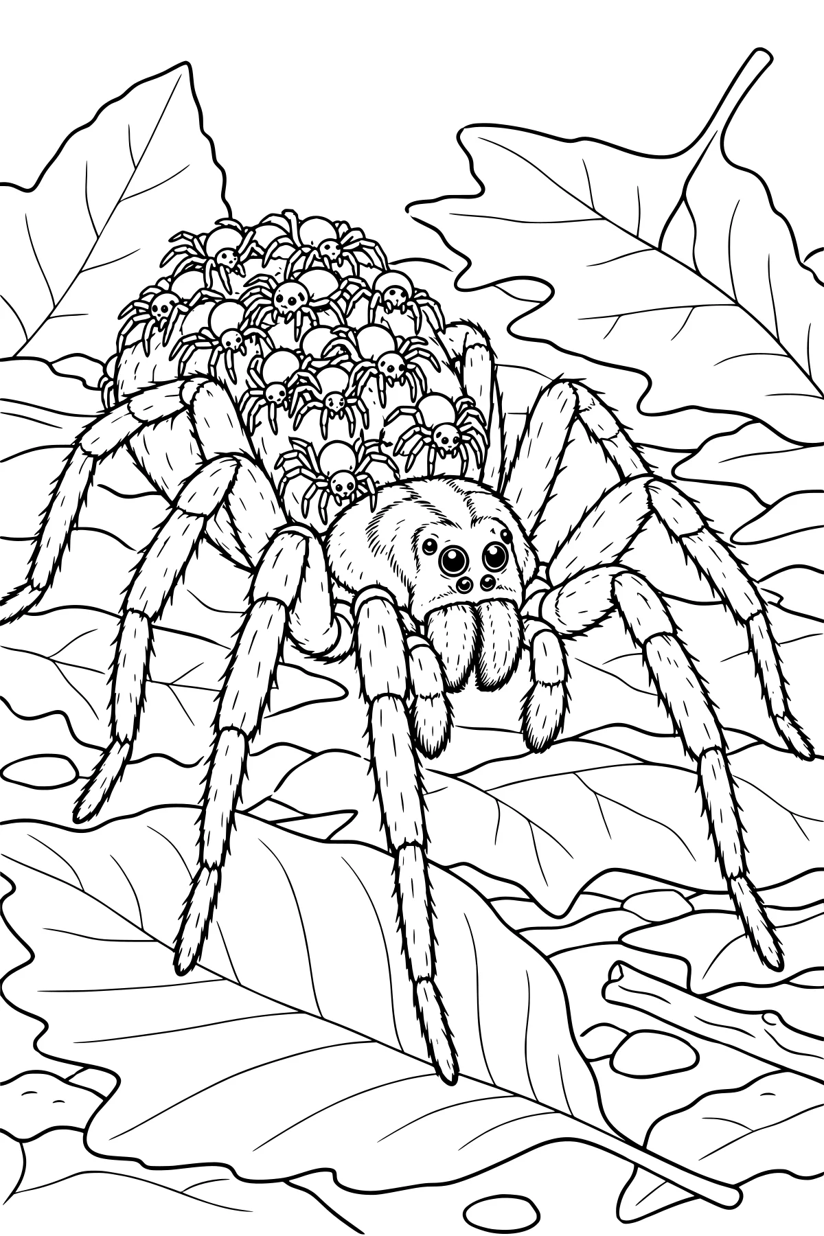 Hairy spider carrying a cluster of spiderlings on its back among fallen leaves, pebbles, and a twig.