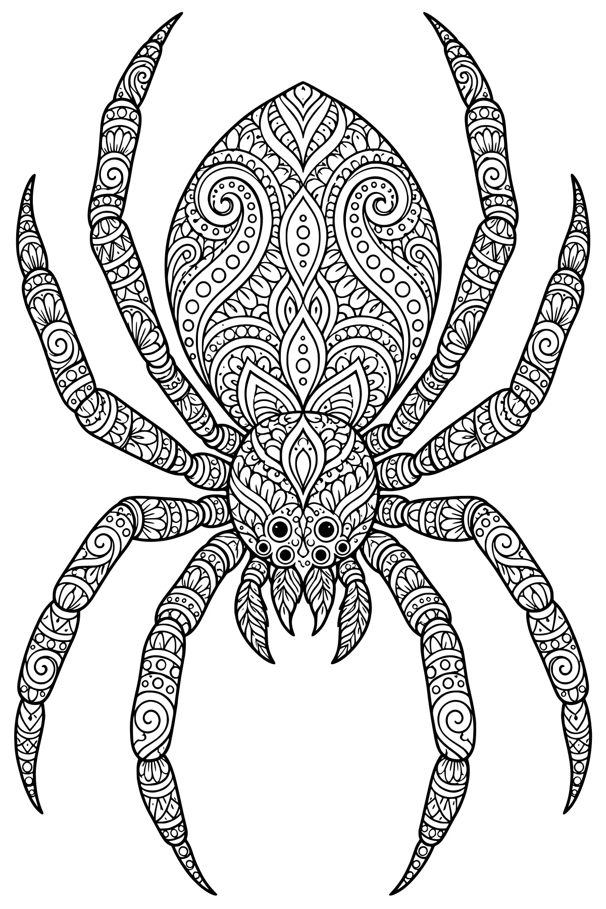 Front-facing ornate spider with a large oval abdomen, extended legs, prominent eyes and fangs, all filled with intricate swirling and floral patterns.