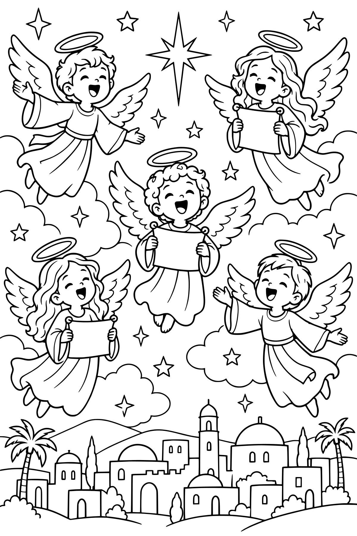 Angel choir with halos, wings, robes, and song sheets singing among stars and clouds above Bethlehem, with domed buildings and palm trees below.