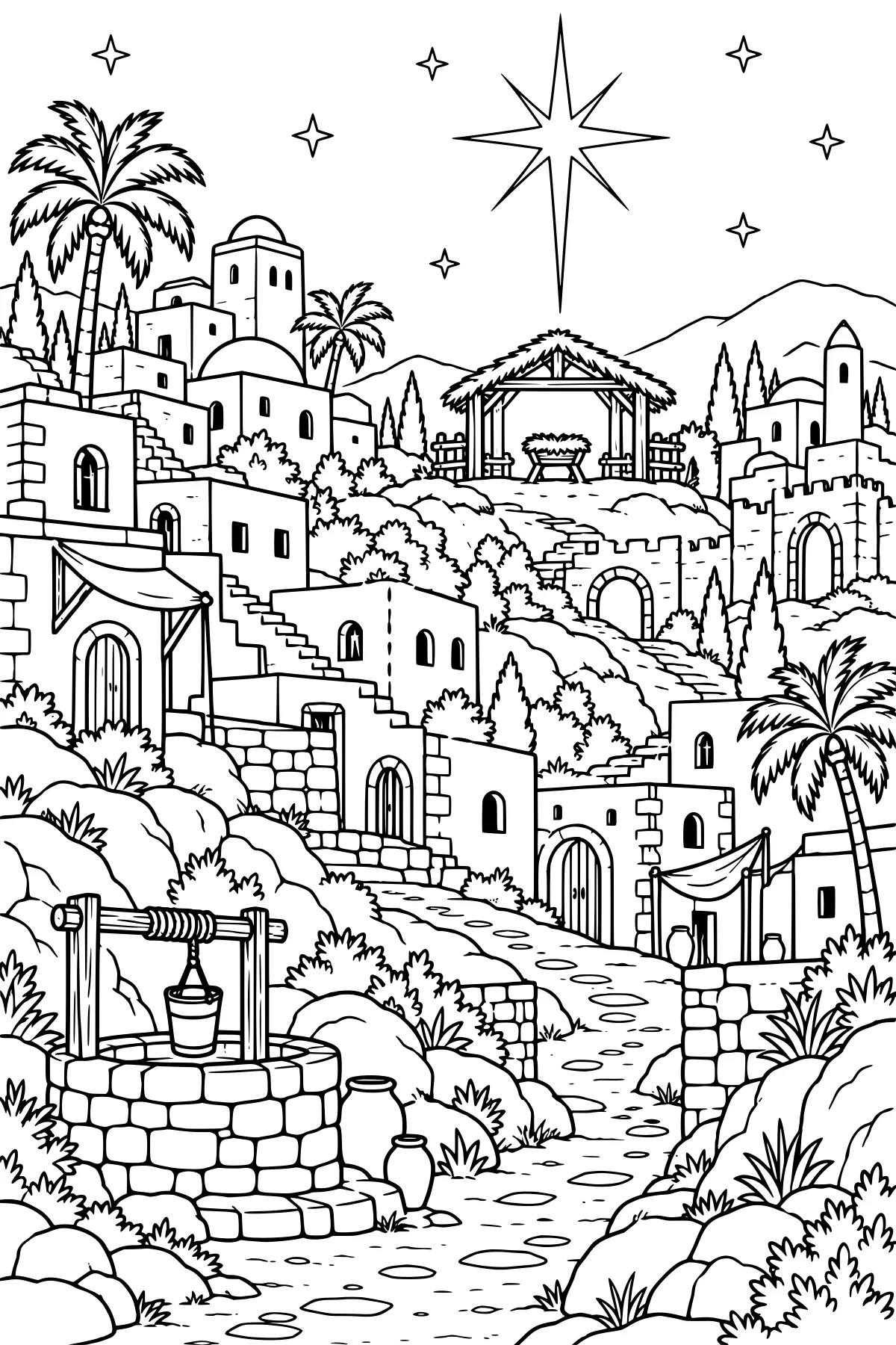 Bethlehem town with stone buildings, a winding path, palm trees, a well, and a hilltop shelter beneath a large star in the night sky.
