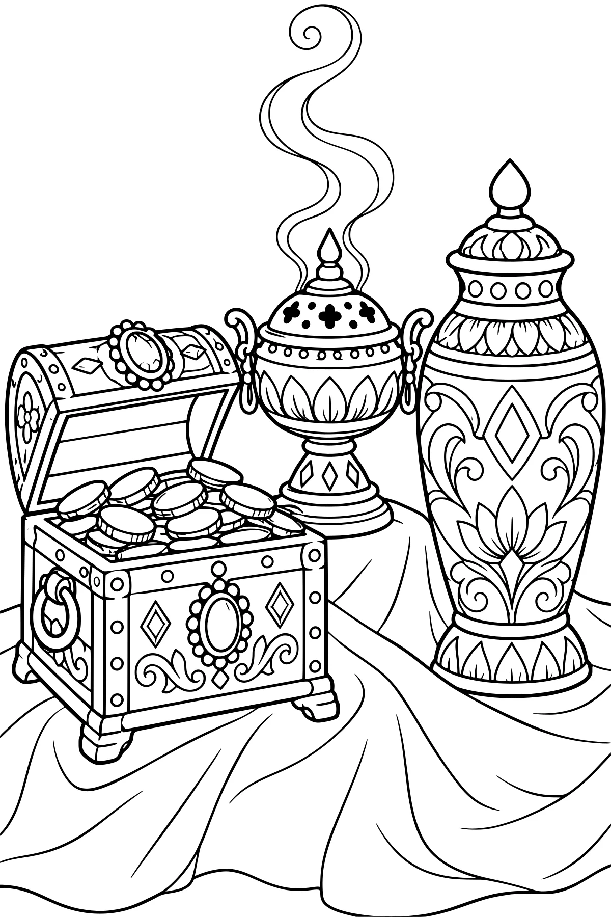 Open coin-filled treasure chest beside an ornate smoking burner and a tall lidded vessel on draped cloth.