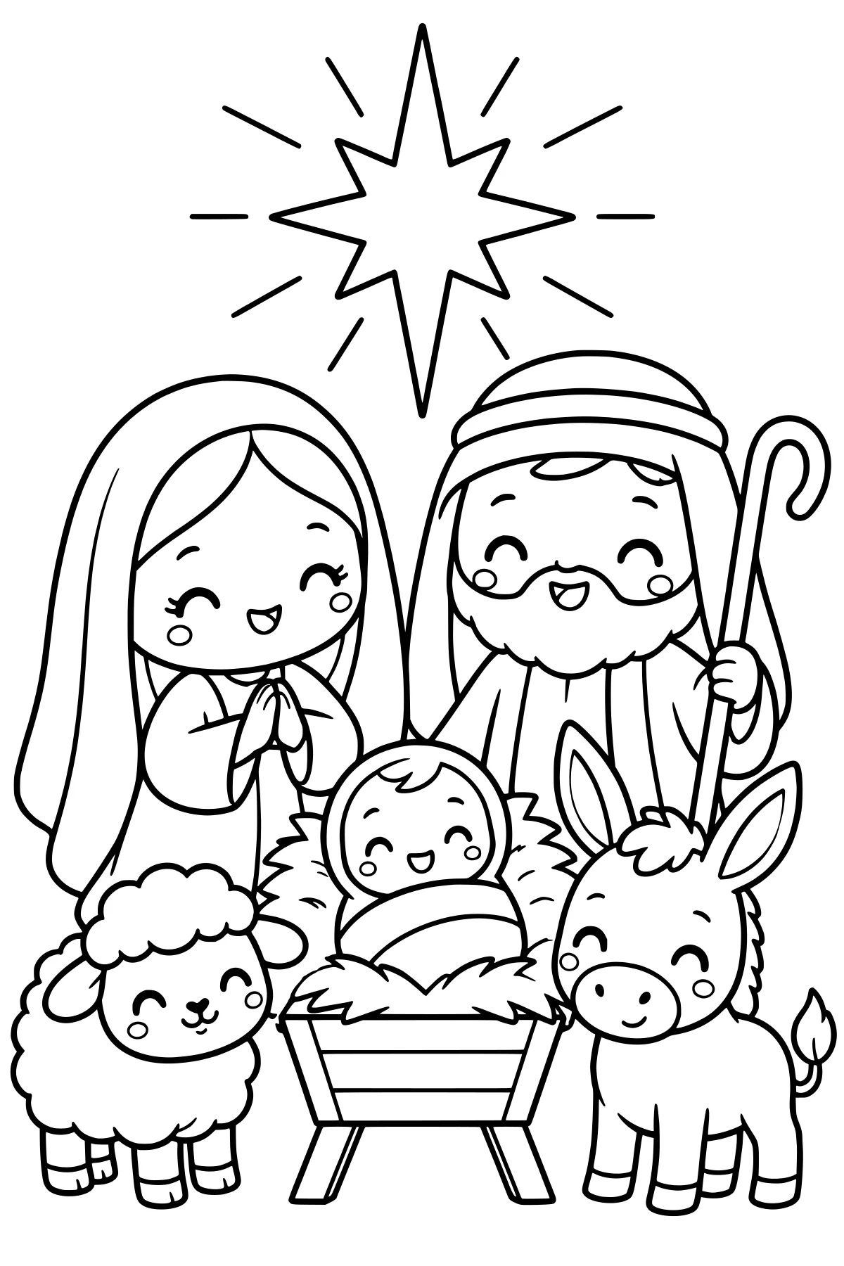 Kawaii nativity scene with a straw-filled manger, lamb, donkey, curled crook, flowing robes, head coverings, and a large radiant star overhead.