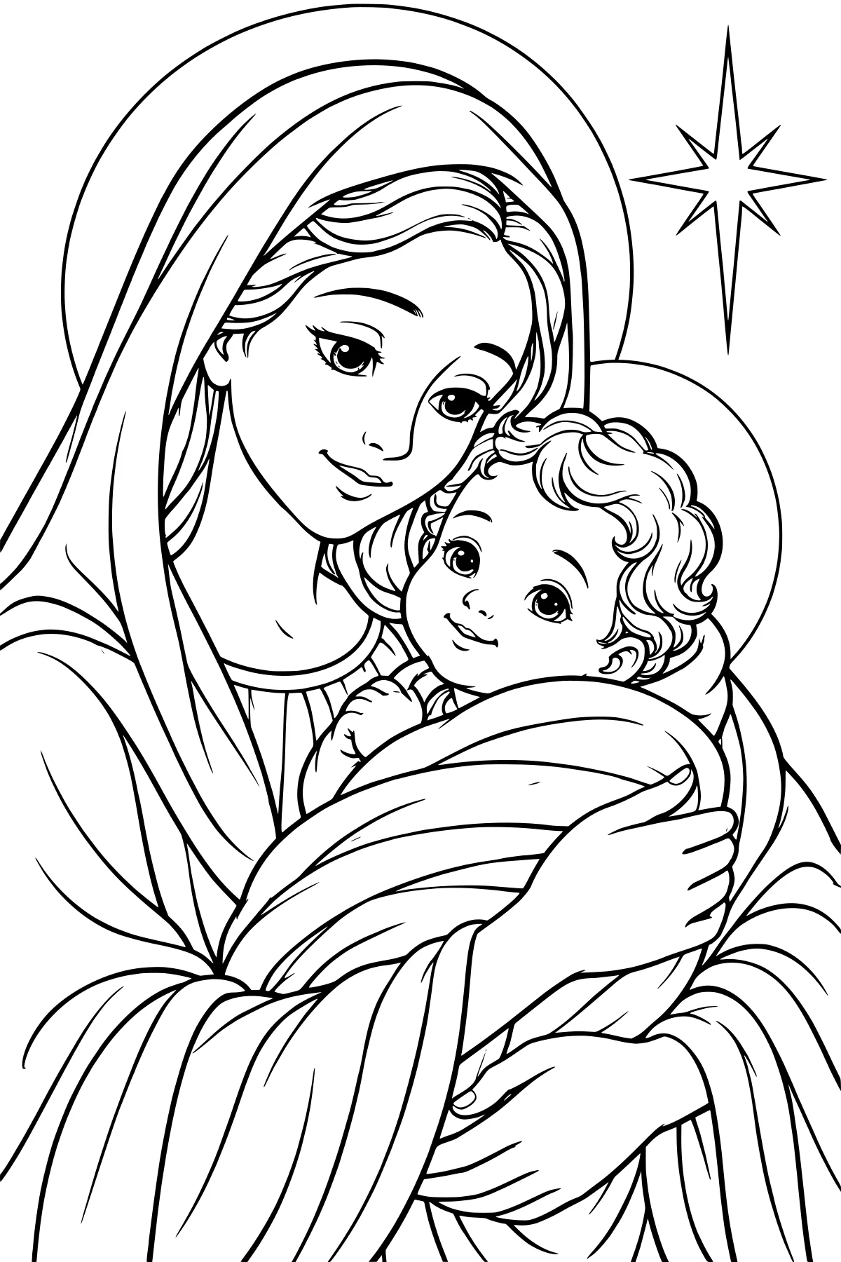 Mary holding Baby Jesus in a wrapped blanket, surrounded by flowing fabric, circular halos, and a pointed star