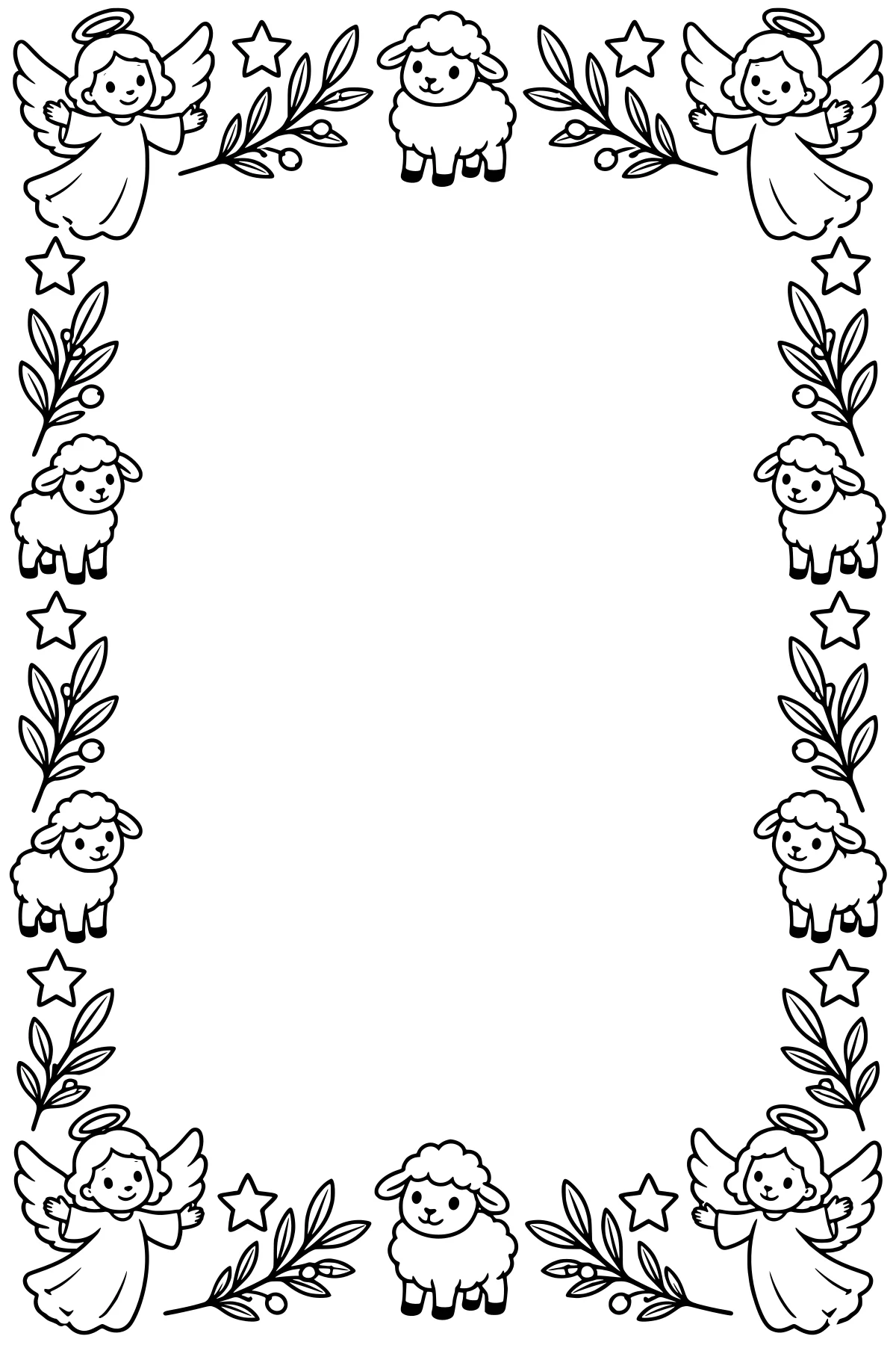 Decorative Nativity frame with halos, wings, robes, woolly fleece, stars, and leafy branches surrounding a large blank center.