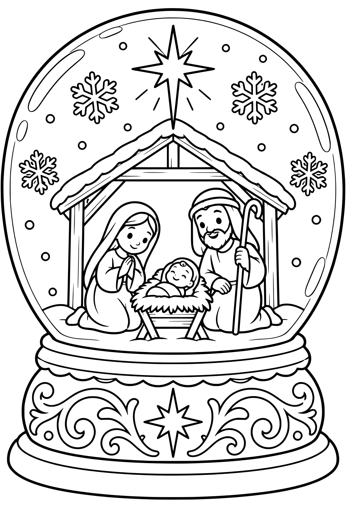 Nativity inside a snow globe with a peaked stable, star, snowflakes, and an ornate scrollwork base.