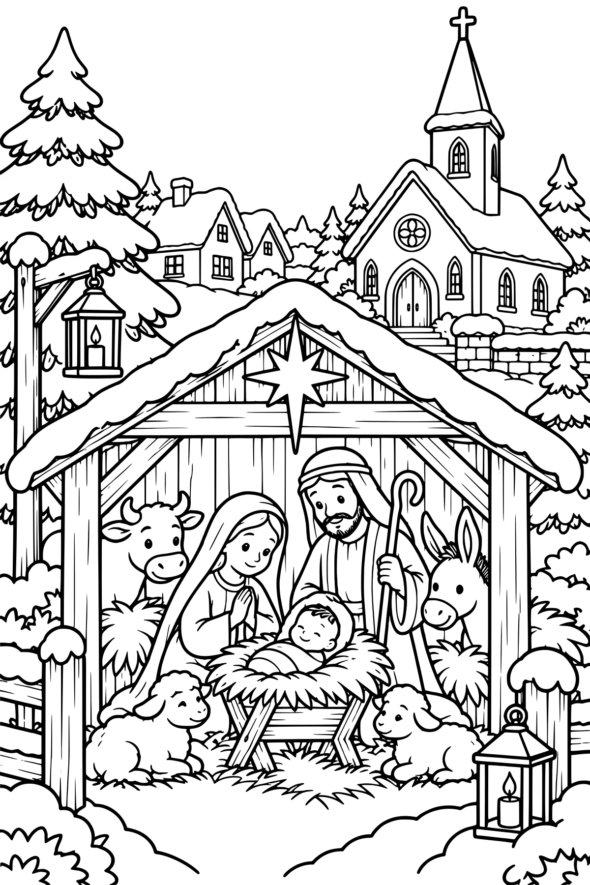 Outdoor nativity beneath a snowy wooden stable with animals, lanterns, a large star, evergreen trees, houses, and a church in the background.