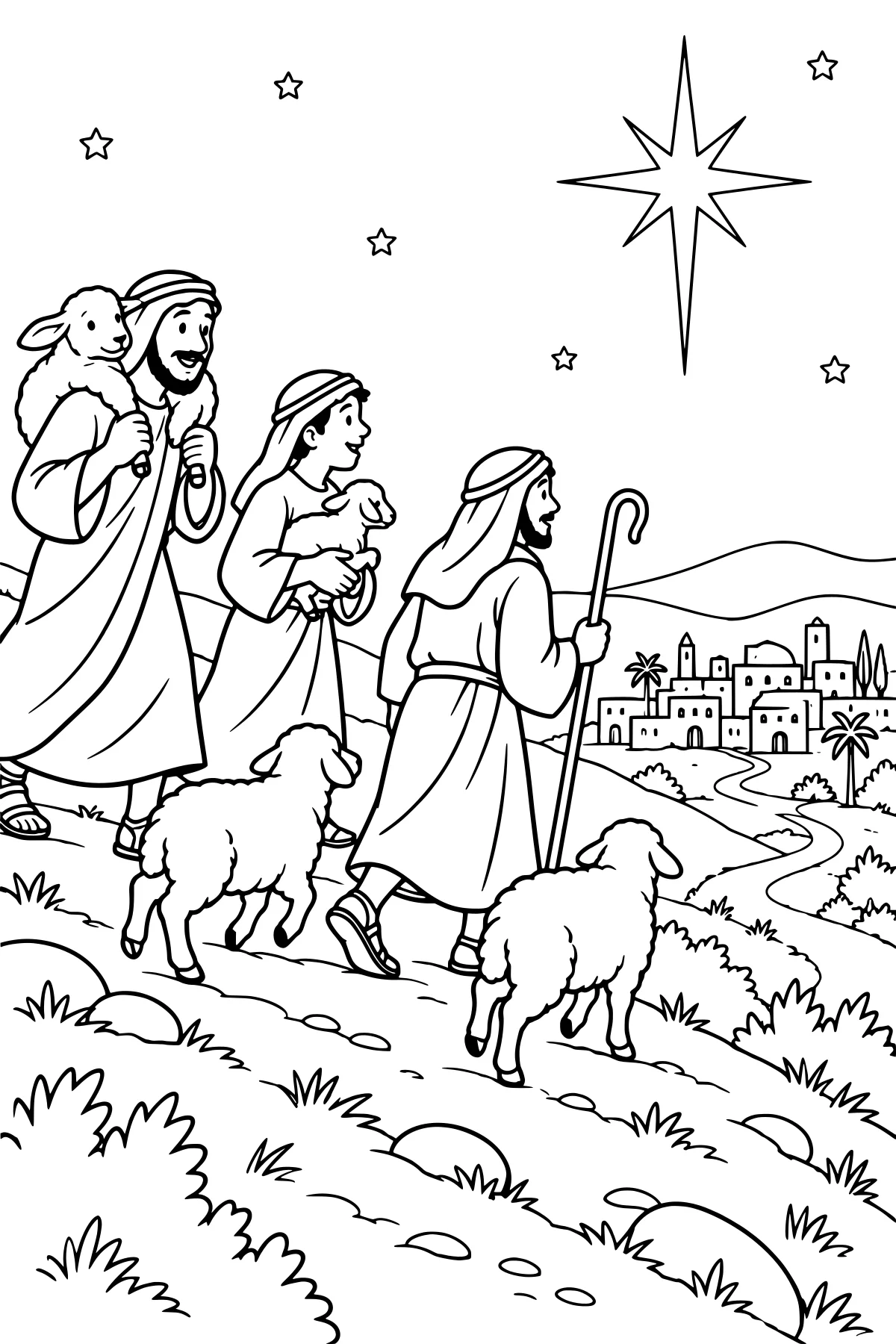 Shepherds carrying and guiding sheep across hilly ground, with staffs, a winding road, distant buildings, palm trees, and a large star overhead.
