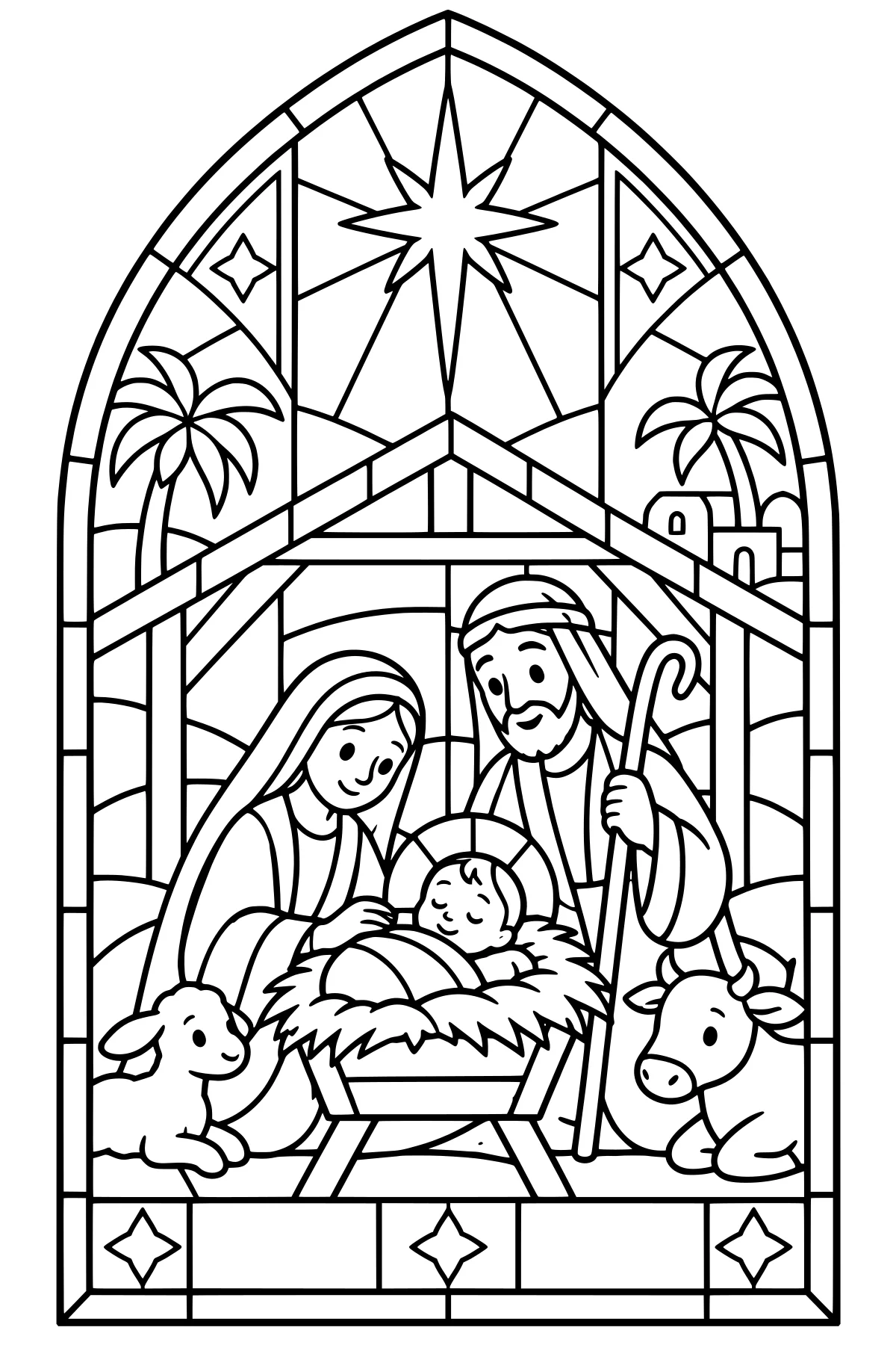 Nativity scene around a manger under a large star, with animals, palm trees, distant buildings, and geometric panes inside a pointed stained-glass arch.