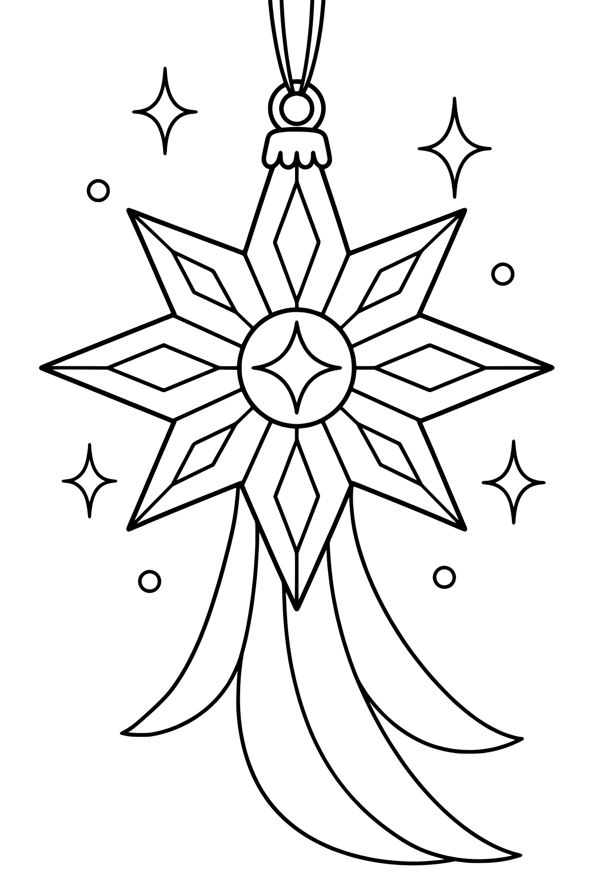 Star of Bethlehem ornament with faceted rays, a circular center, hanging loop, flowing ribbon tails, sparkles, and round accents.