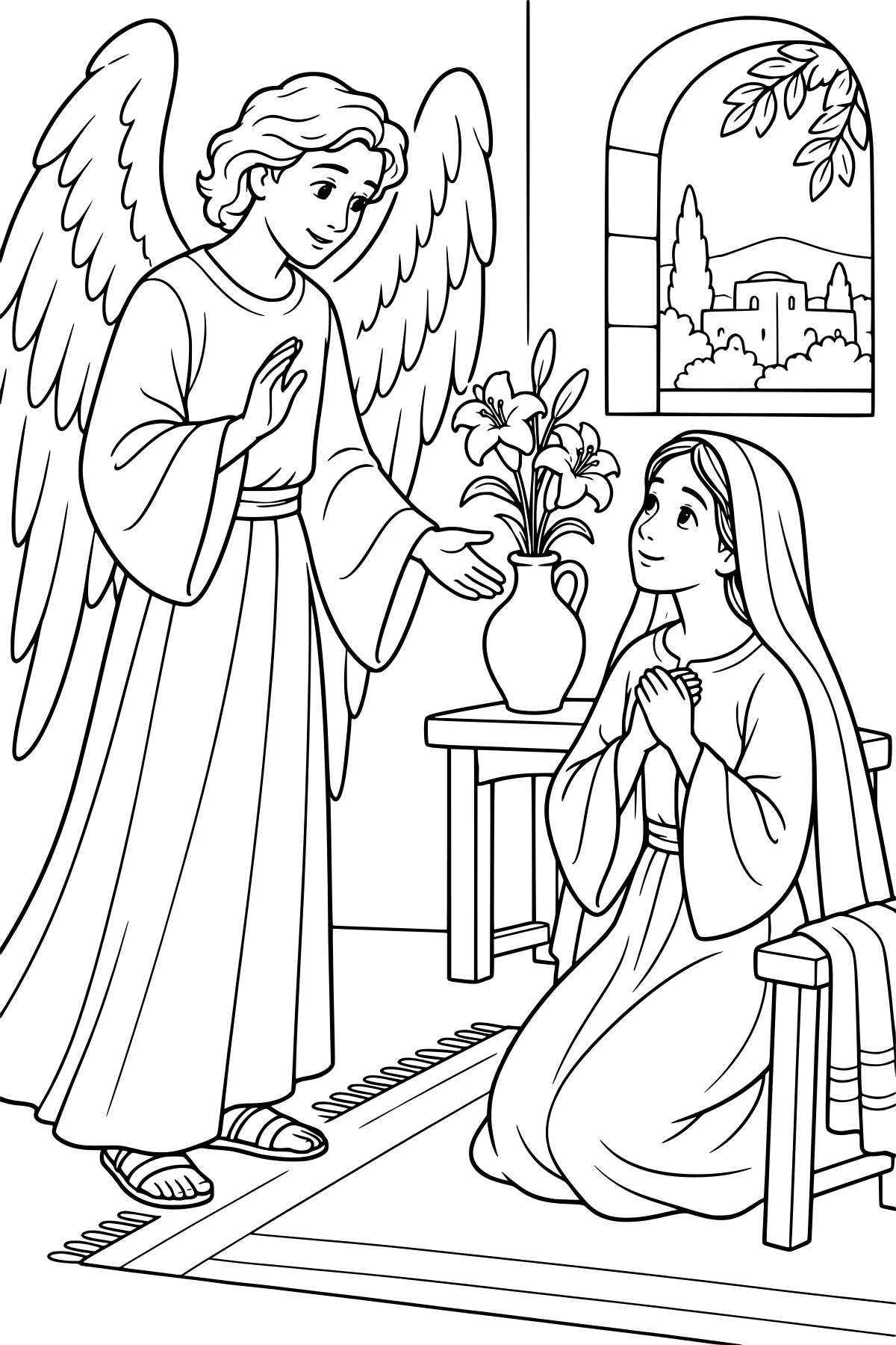 Angel Gabriel stands before kneeling Mary near a table with lilies, an arched window, buildings, and trees.