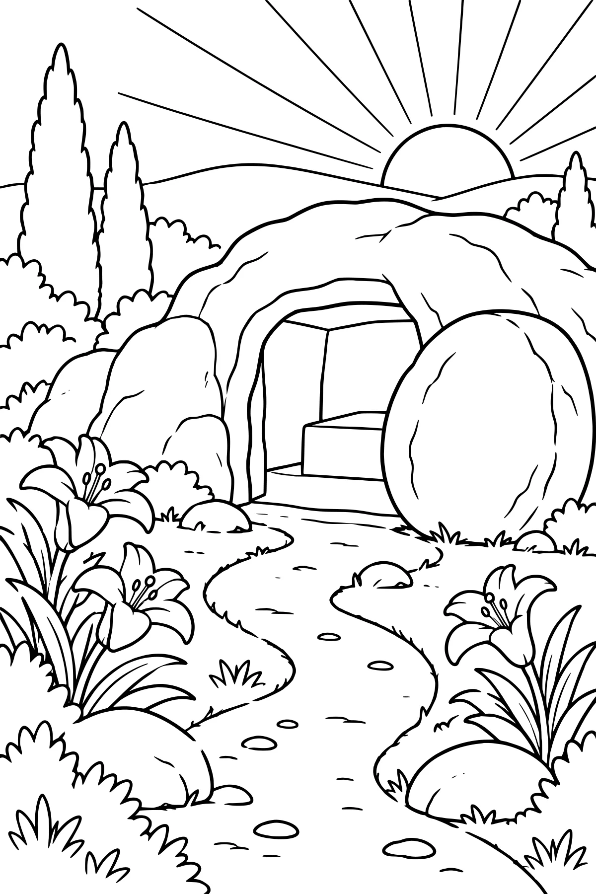 Open rock-cut tomb with a rolled-away stone, winding garden path, lilies, shrubs, tall trees, distant hills, and a rising sun.