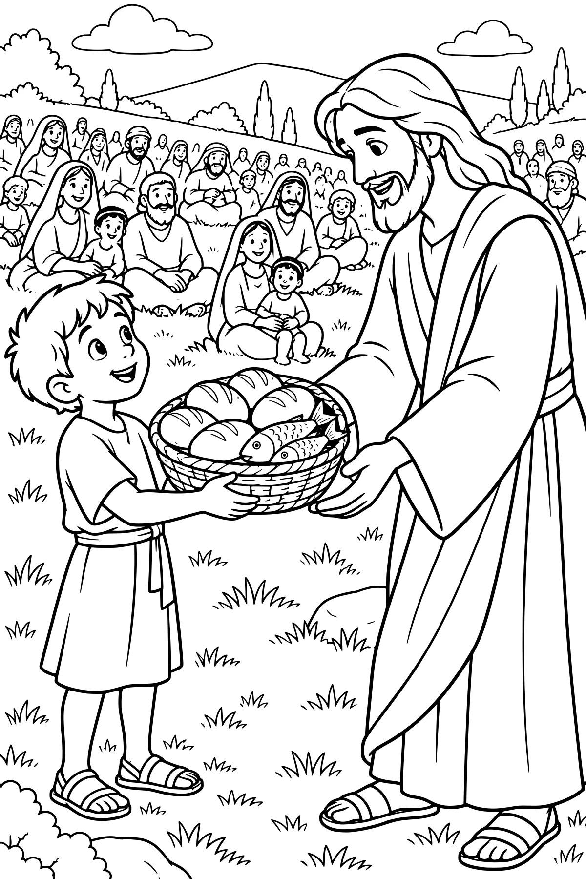 A child holding a basket of loaves and fish toward a robed figure, with a large seated crowd gathered on a grassy hillside.