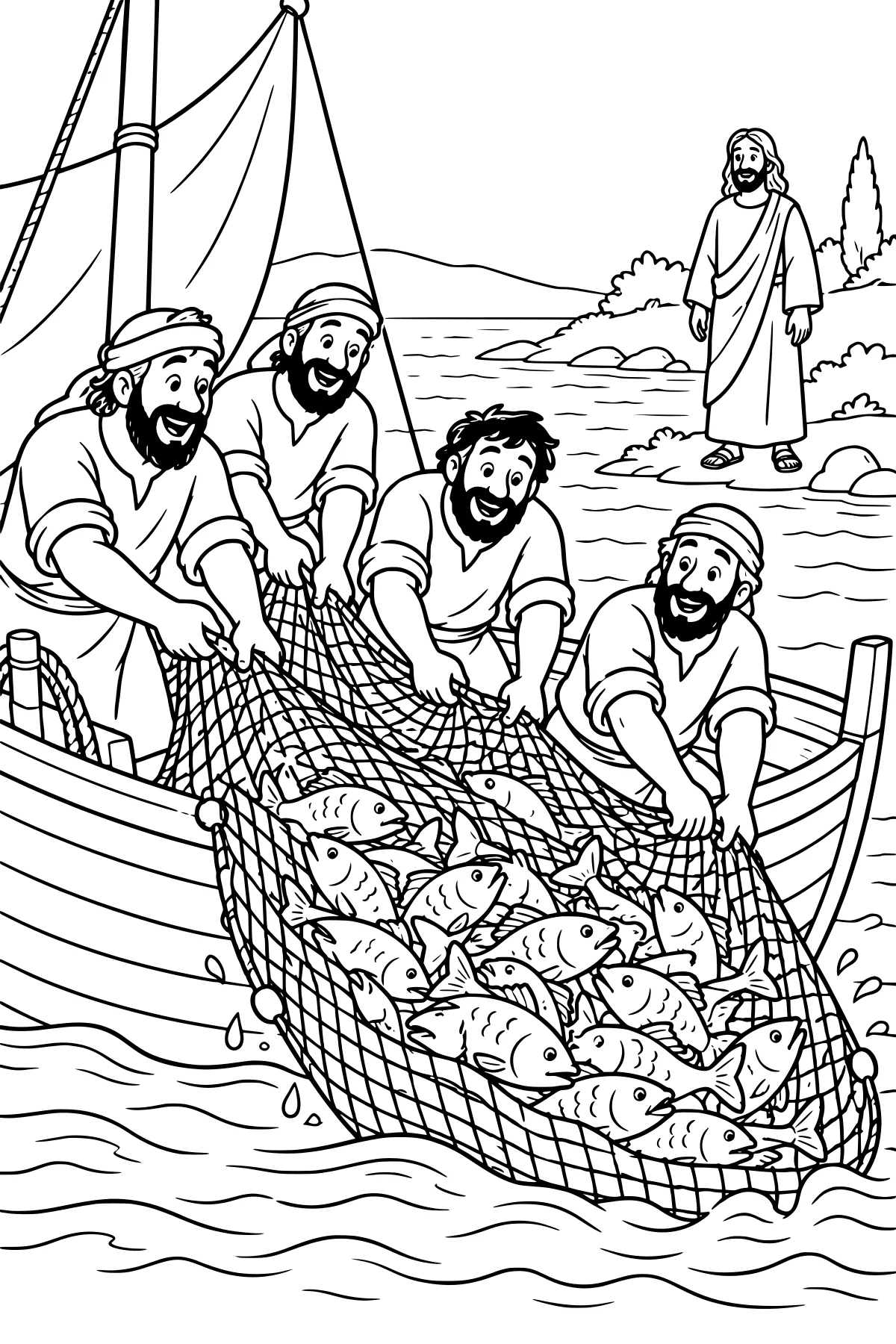 Fishers pulling a net full of fish beside a wooden sailboat, with a robed man standing on the rocky shore in the background.