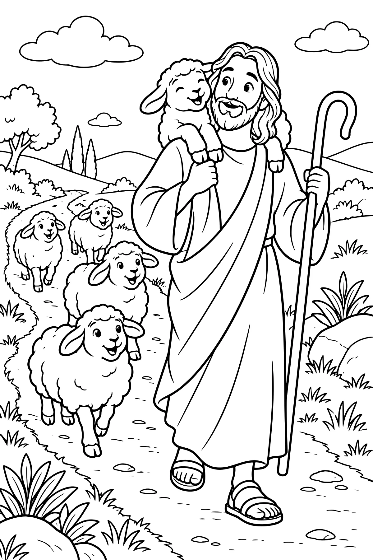Good Shepherd carrying a lamb across the shoulders and holding a curved staff as sheep follow along a winding path through grassy hills.