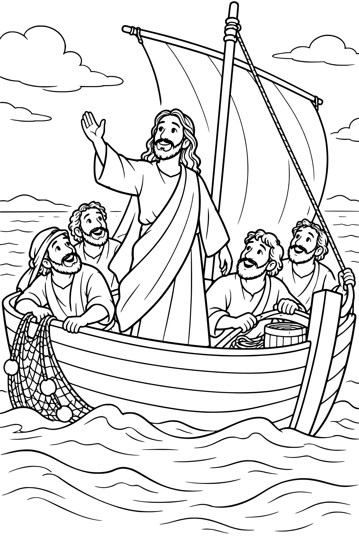 Jesus raising a hand in a sailboat amid rolling waves, surrounded by bearded figures, a large sail, ropes, clouds, and a fishing net.