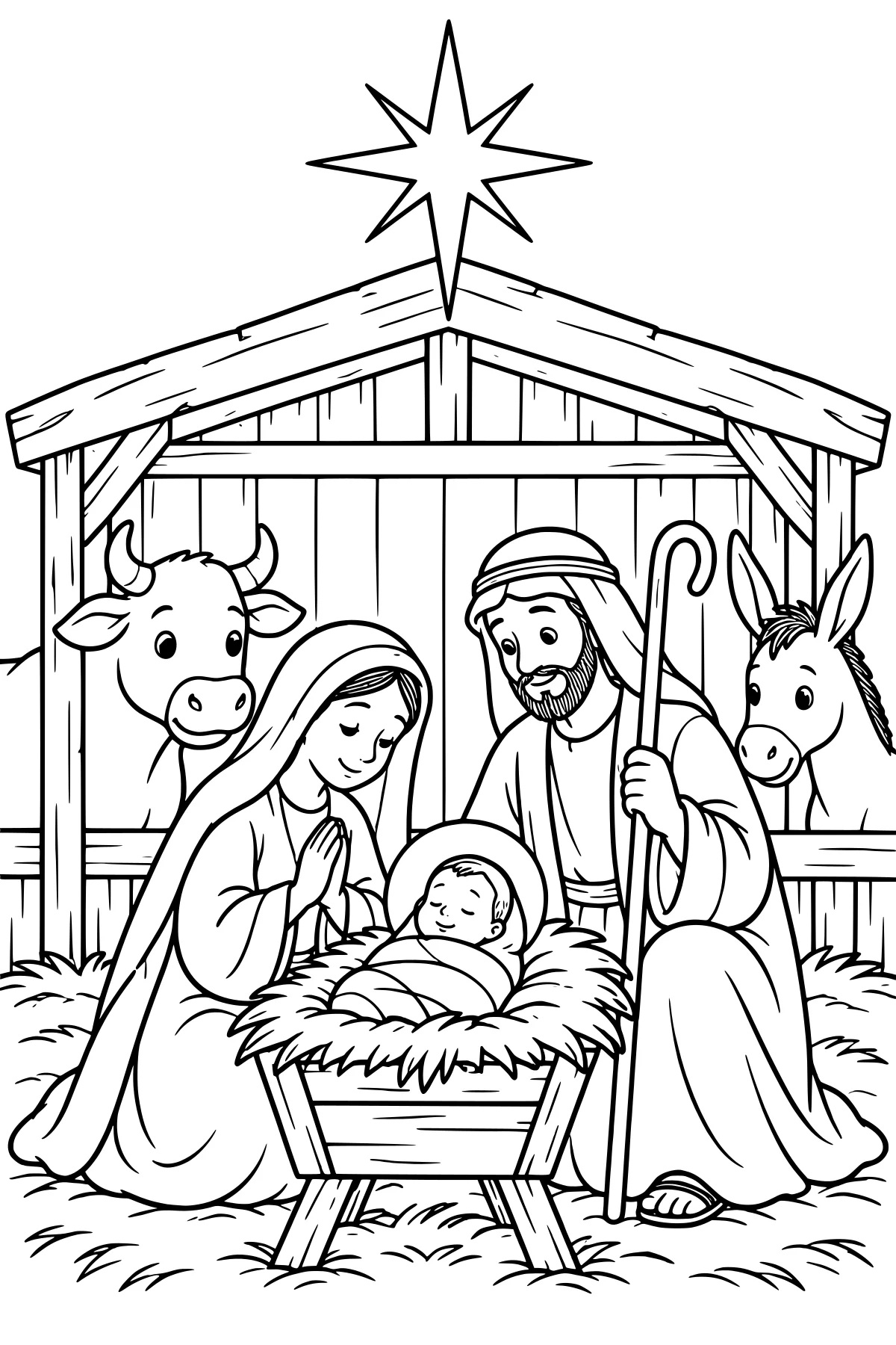 Robed figures surround a wrapped figure in a manger inside a wooden stable, with a cow, donkey, curved staff, straw, and a large star above the roof.