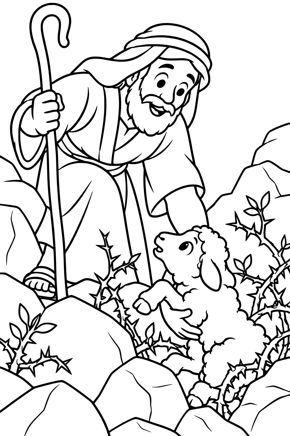 Lost sheep being lifted from thorny plants among large rocks, with flowing robes, sandals, a wrapped head covering, and a curved staff visible.
